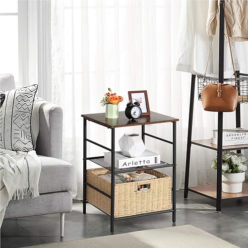 Miniatura 20 de VECELO Mesa consola industrial con 2 cestas de mimbre de almacenamiento, mesas de sofá estrechas rústicas para pasillo, sala de estar, pasillo,