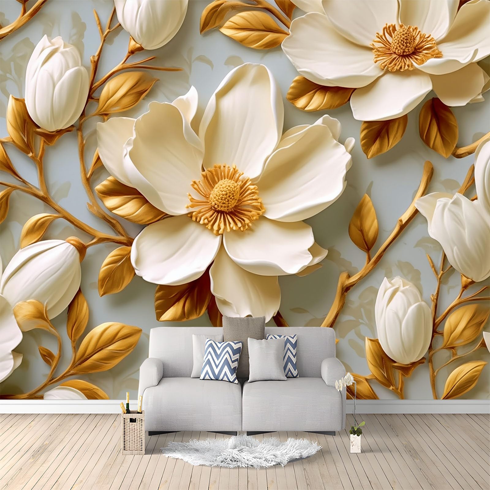 Panoramiczna tapeta ścienna 300 x 210 cm tapeta z włókniny, niestandardowy rozmiar, 3D magnolia tłoczone kwiaty tapeta 3D złota do salonu sypialni zima dekoracja domu