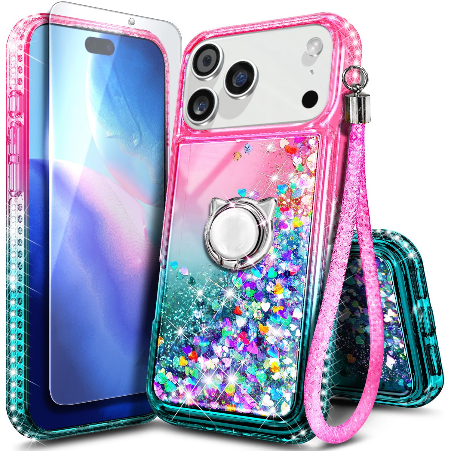NGB Designed for iPhone 18 Pro Max Case, Cute Liquid Glitter, Pink/Aqua