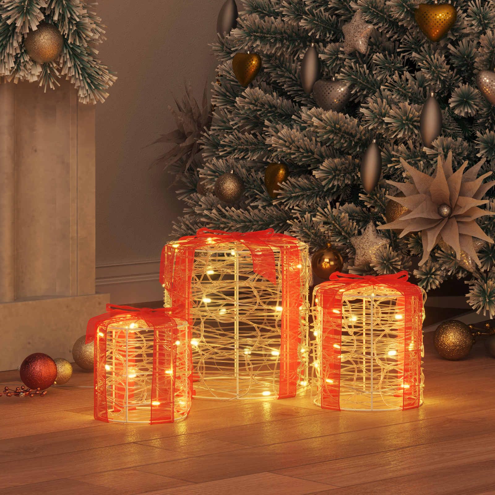 Pudełko na prezent, dekoracja, 3 sztuki, akryl, 20 x 20 x 21 cm, z paskami LED o ciepłej białej barwie, dekoracja bożonarodzeniowa do salonu, biura i na święta