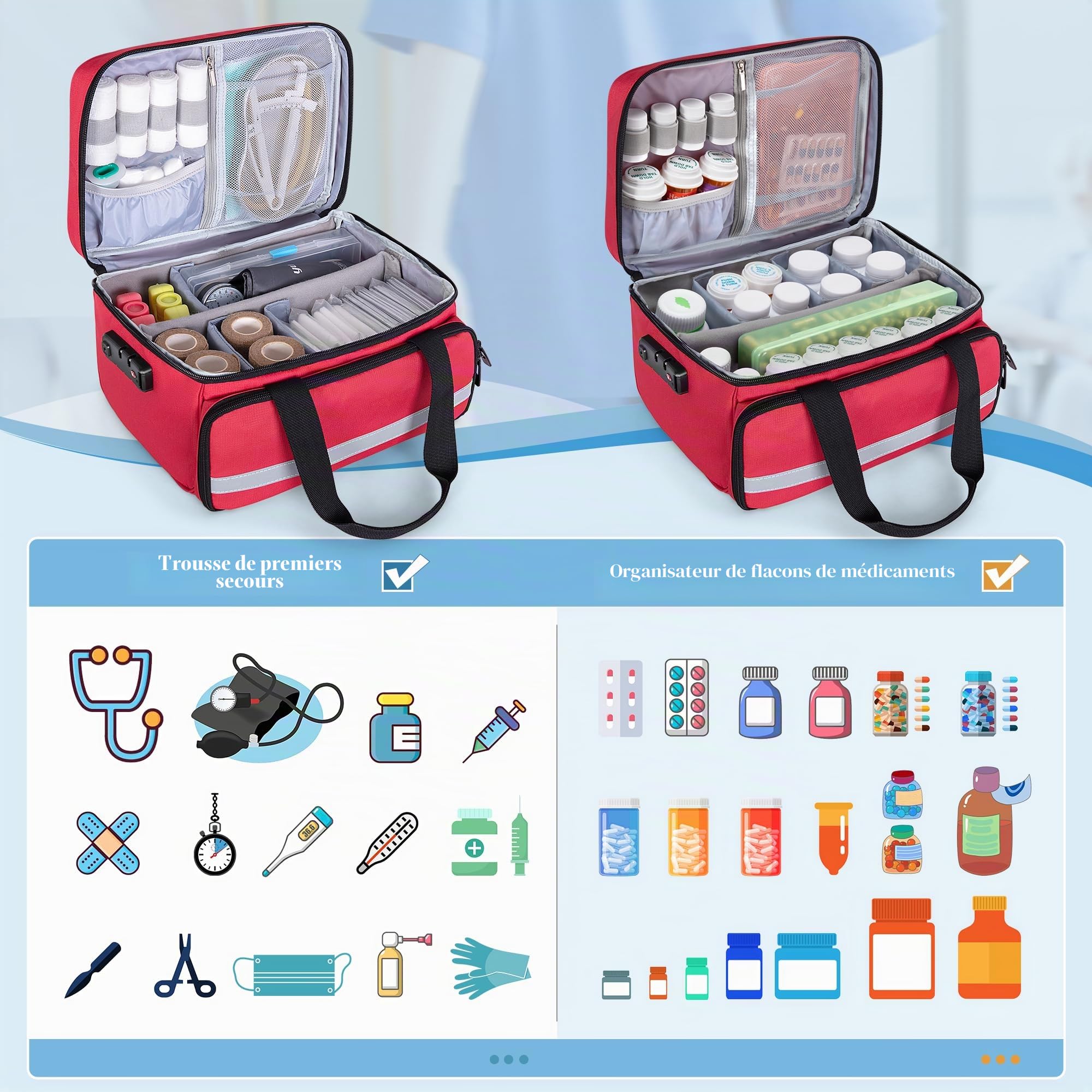 CURMIO Sac de Premiers Secours Vide, Mallette Médicale avec Serrure, Rouge | Trousse Pharmacie Voyage, Organisateur de Médicaments, Cadenas à 3 Chiffres, Cloisons Amovibles, pour Maison/ Travail/ Voyage