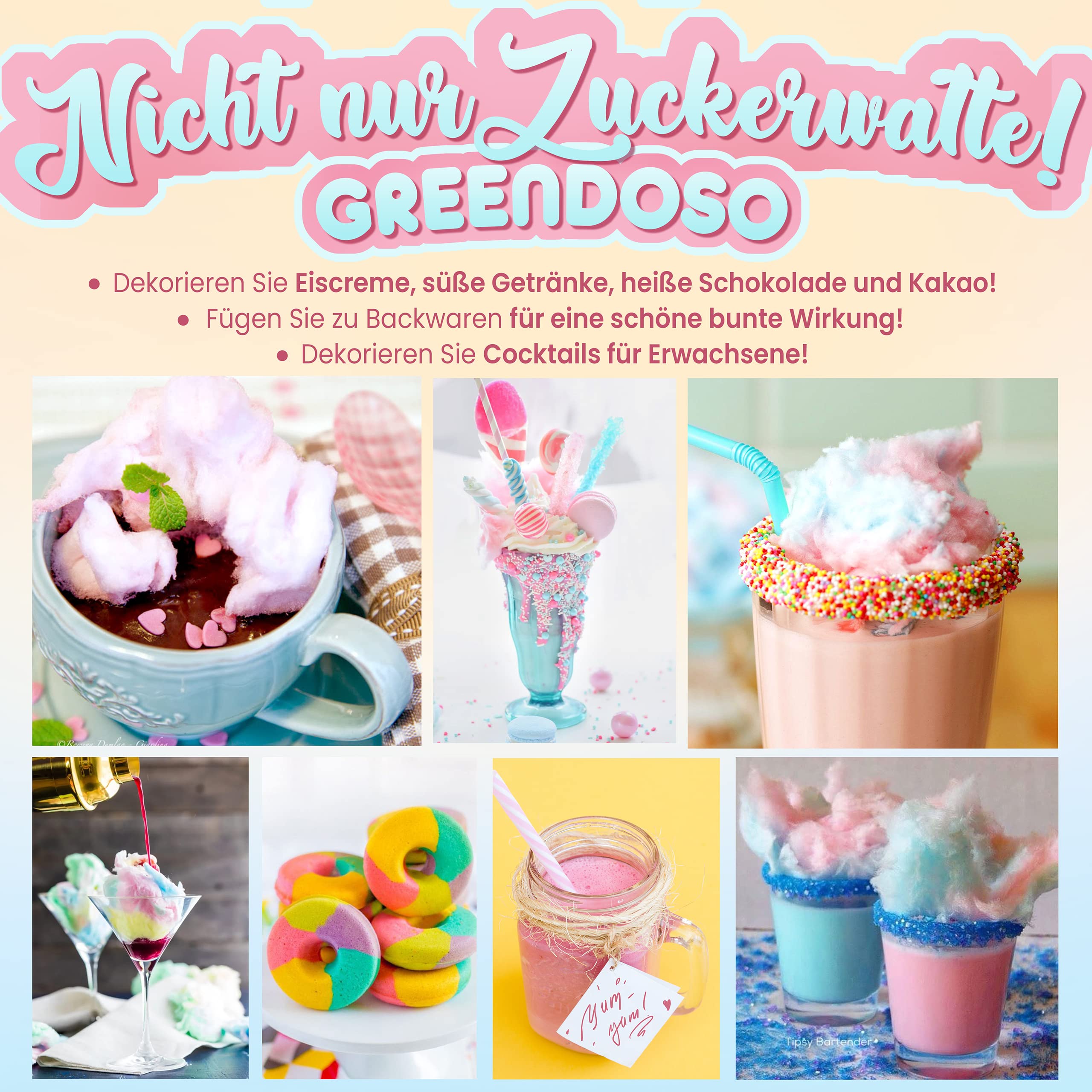 GREENDOSO® Zuckerwatte Zucker Set 5x300g - Natürliche Aromen & Farben - Erdbeere/Cola/Apfel/Marshmallow/Vanille + 50 Stäbchen für Zuckerwattemaschine
