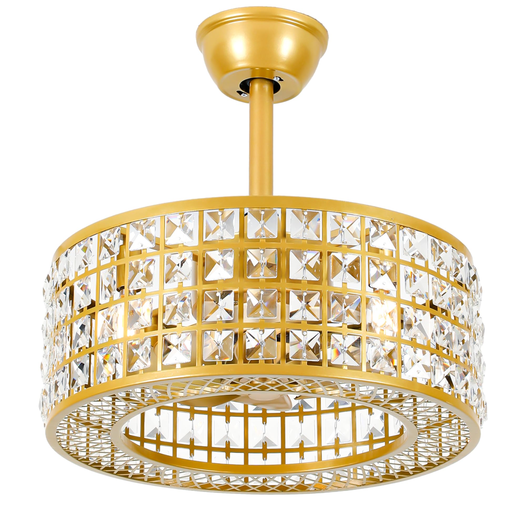 DWVO 18" Crystal Caged Ceiling Fans with Lights,Modern Enclosed Ceiling Fan with Remote Control,Reversible Industrial Fandelier Chandelier 3 Speeds,3 Color Temperatures for Bedroom, Living Room (Gold)