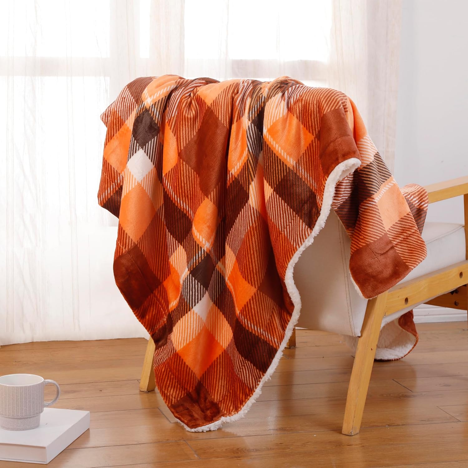 Fall Plaid Throw Blanket 50"x60",Autumn Orange Rust Room Decor Soft Warm Fleece Fuzzy Checkered Blanket for Couch Living Room Bed Camping Chair Dorm - Image 2