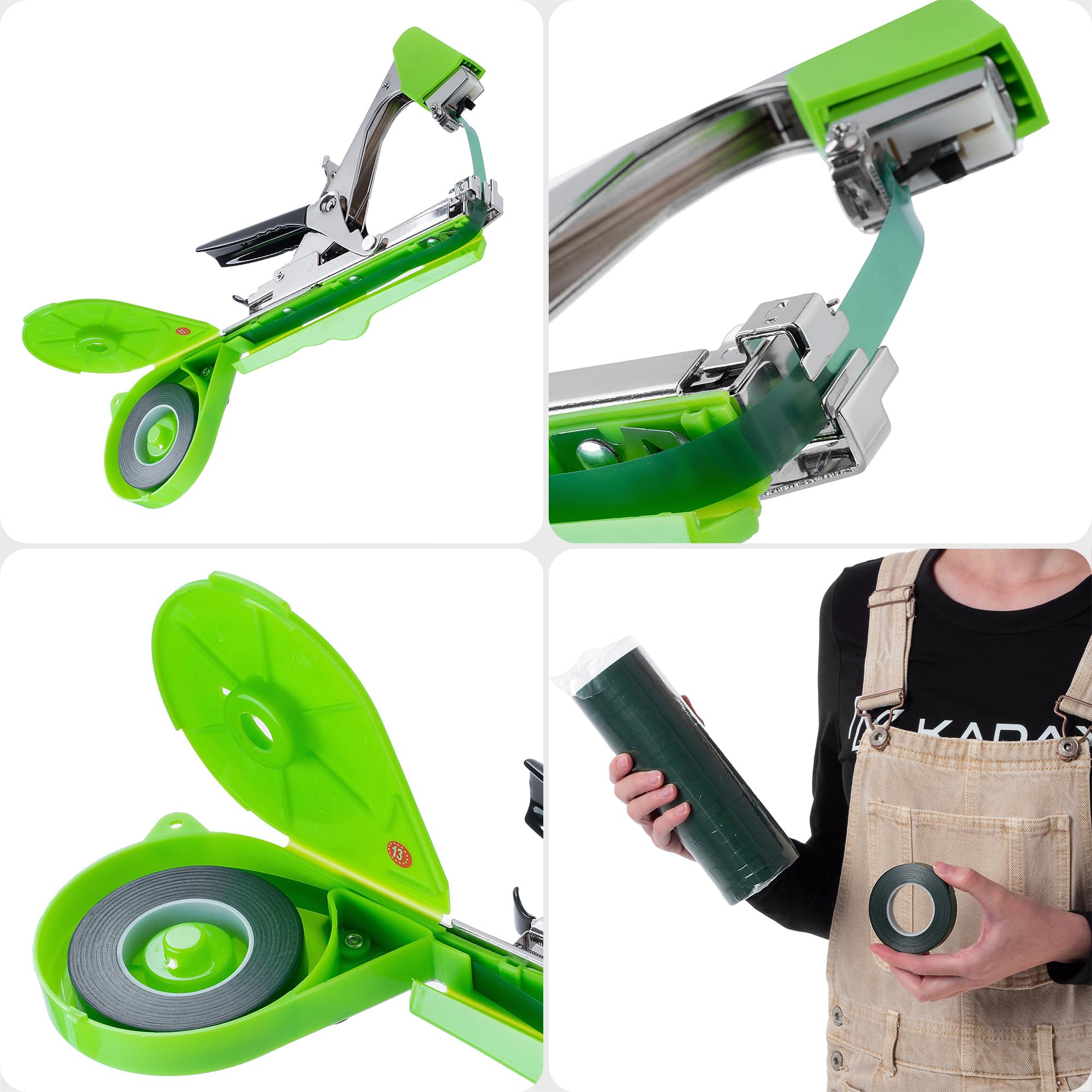 KADAX Juego de Pinzas de unión para Plantas, Incl. 20 Rollos de Cinta de unión y Grapas, Ideal para Atar rápidamente Tomates, pepinos y Plantas trepadoras (Verde)