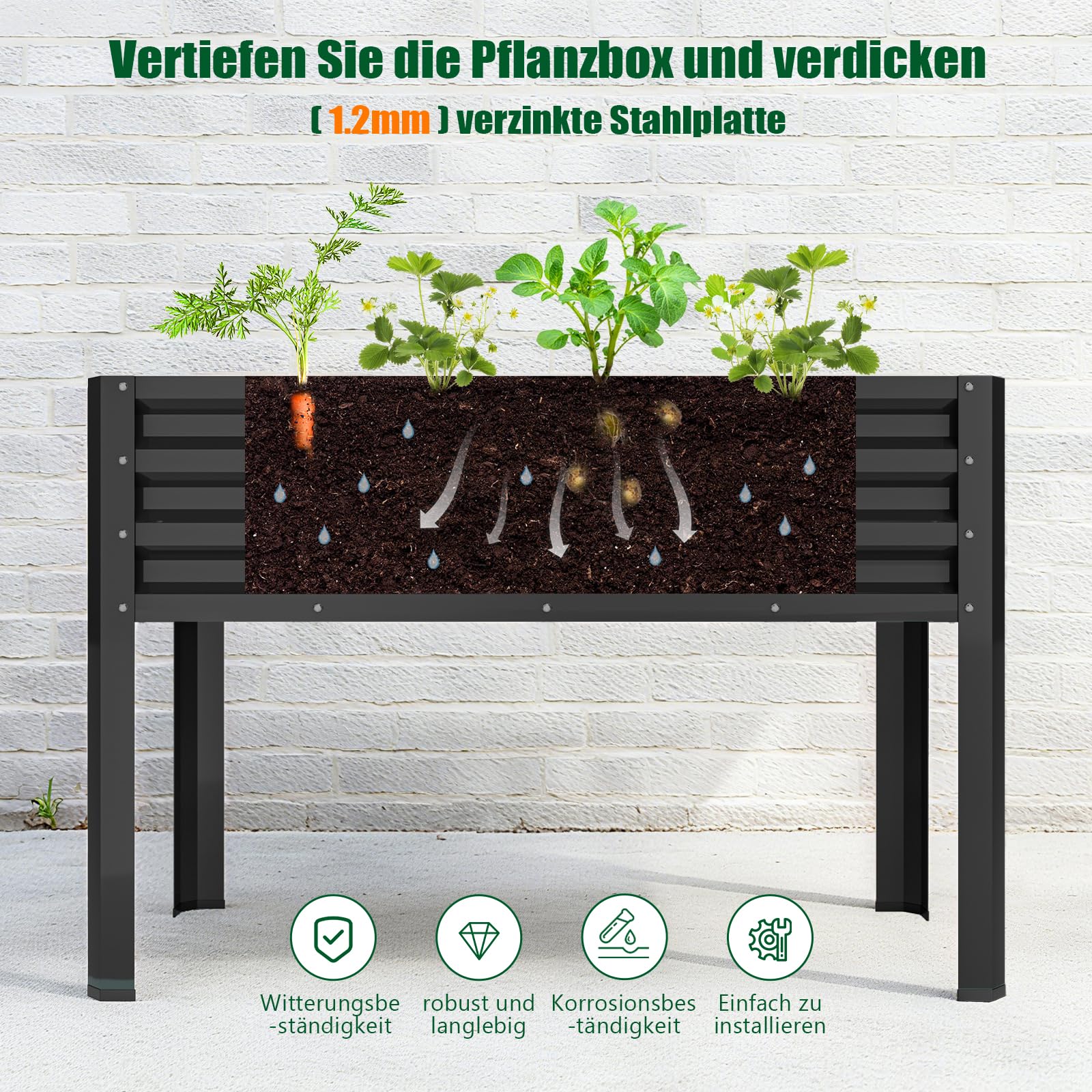 SUNYRISY Hochbeet Metall Blumenkasten für Balkon und Garten 116x60x80cm