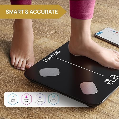 Vista 10 de INEVIFIT Báscula inteligente de grasa corporal, analizador digital de composición corporal de baño Bluetooth de alta precisión, mide peso, grasa