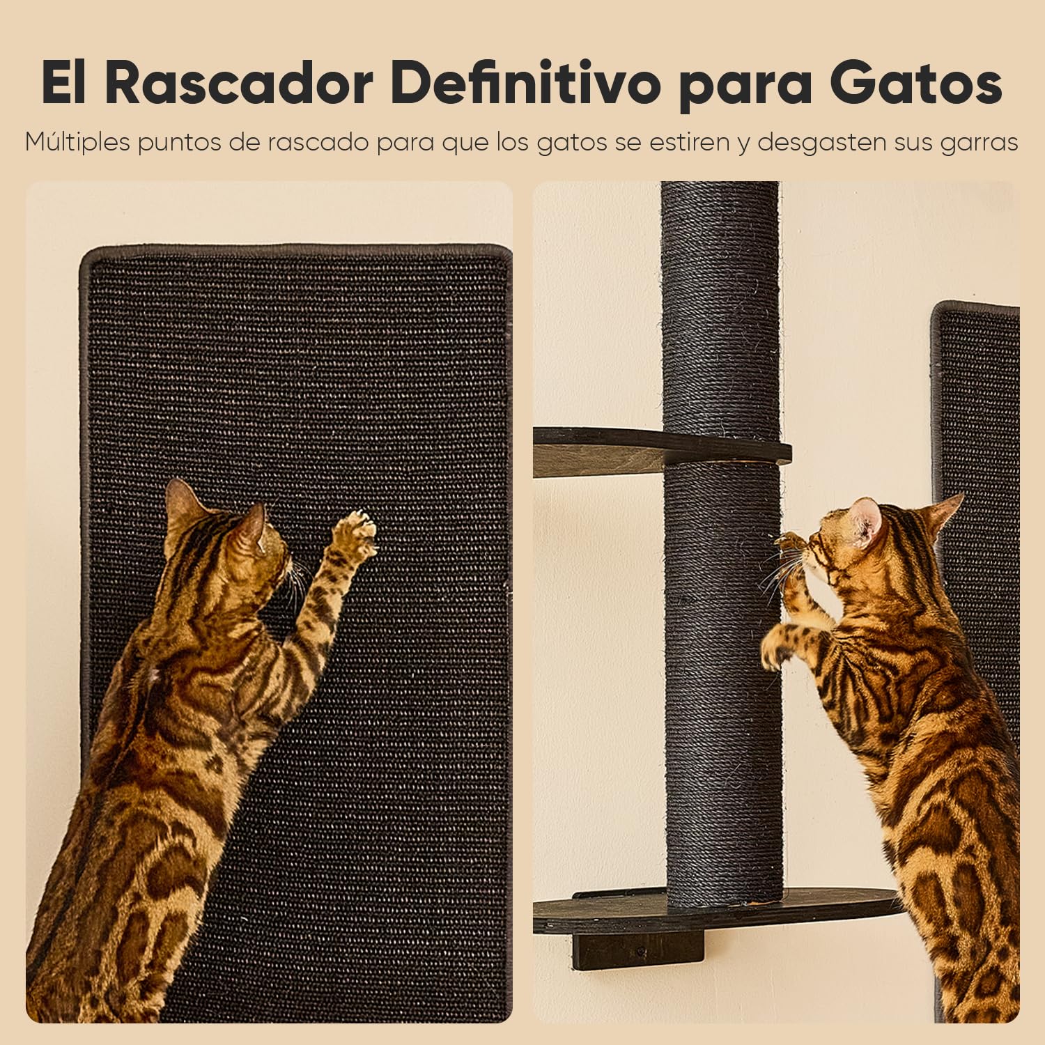 FUKUMARU Set de Pared de Escalada para Gatos, 4 en 1 Mueble de Pared Estable de Madera Multicapa con Hamaca, estantes, Poste rascador y Alfombra de sisal – Kletterwand Ahorra Espacio (Negro)
