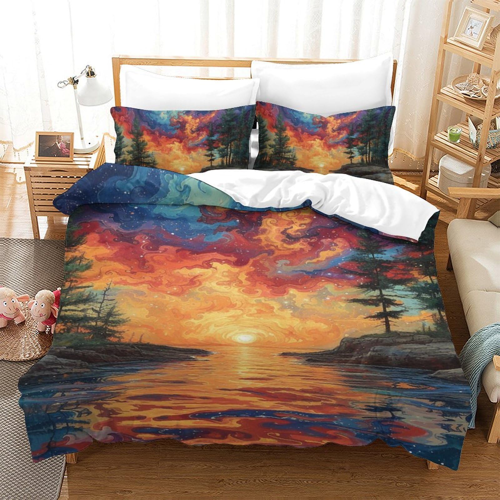Housse de couette paysage naturel 140x200 3D avec taie d'oreiller respirante pour lit single