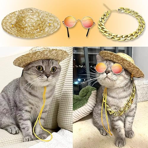 Miniatura 2 de 6 piezas de disfraz de perro y gato, lentes de sol retro para mascotas, collar de cadena dorada ajustable y sombrero de paja, accesorios divertidos