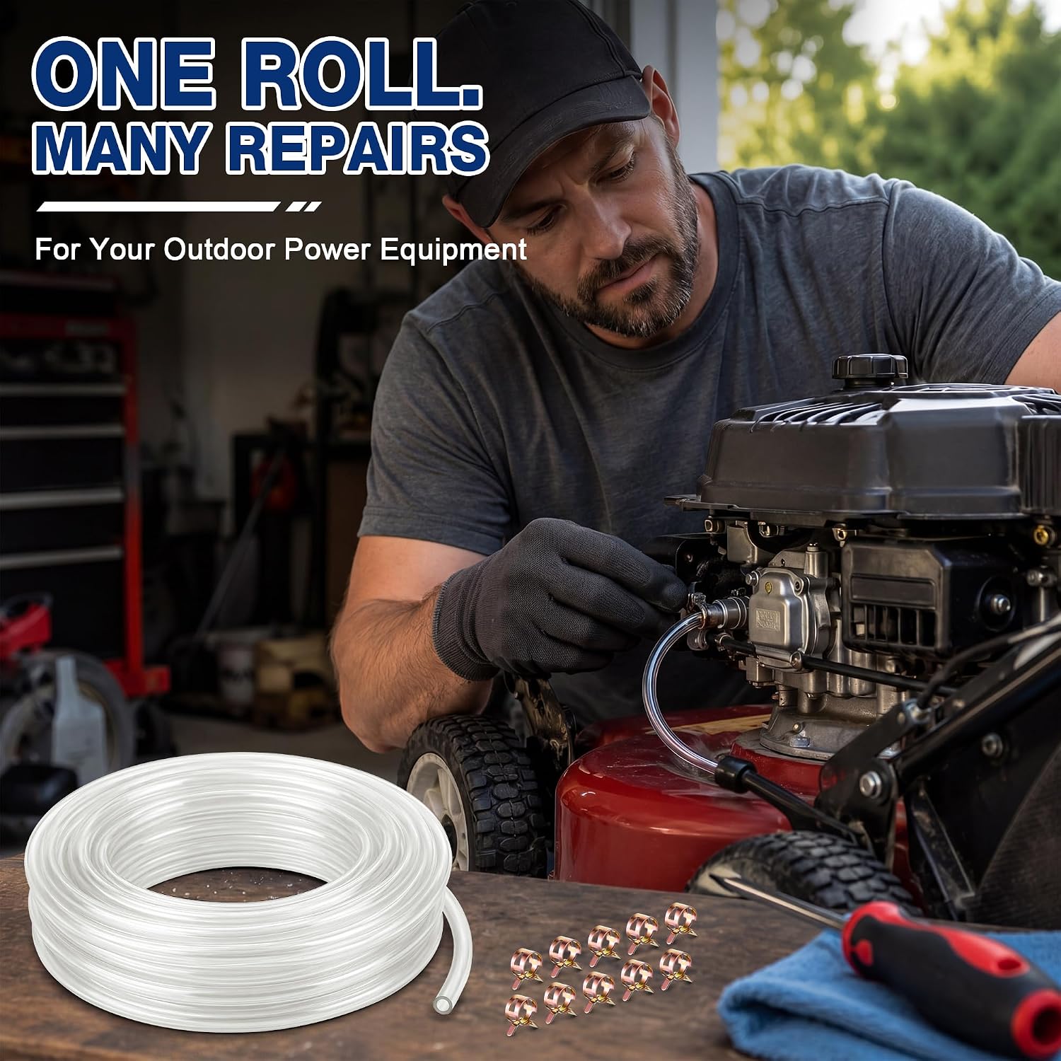 Fuel Line 1/4 ID x 7/16 OD 30ft Clear PVC Gas Hose with 10 Clamps for Small Engine Lawn Mower Chainsaw Generator ATV Snowmobile, Heat and Cold Resistant Petrol Diesel Fuel Tubing Pipe