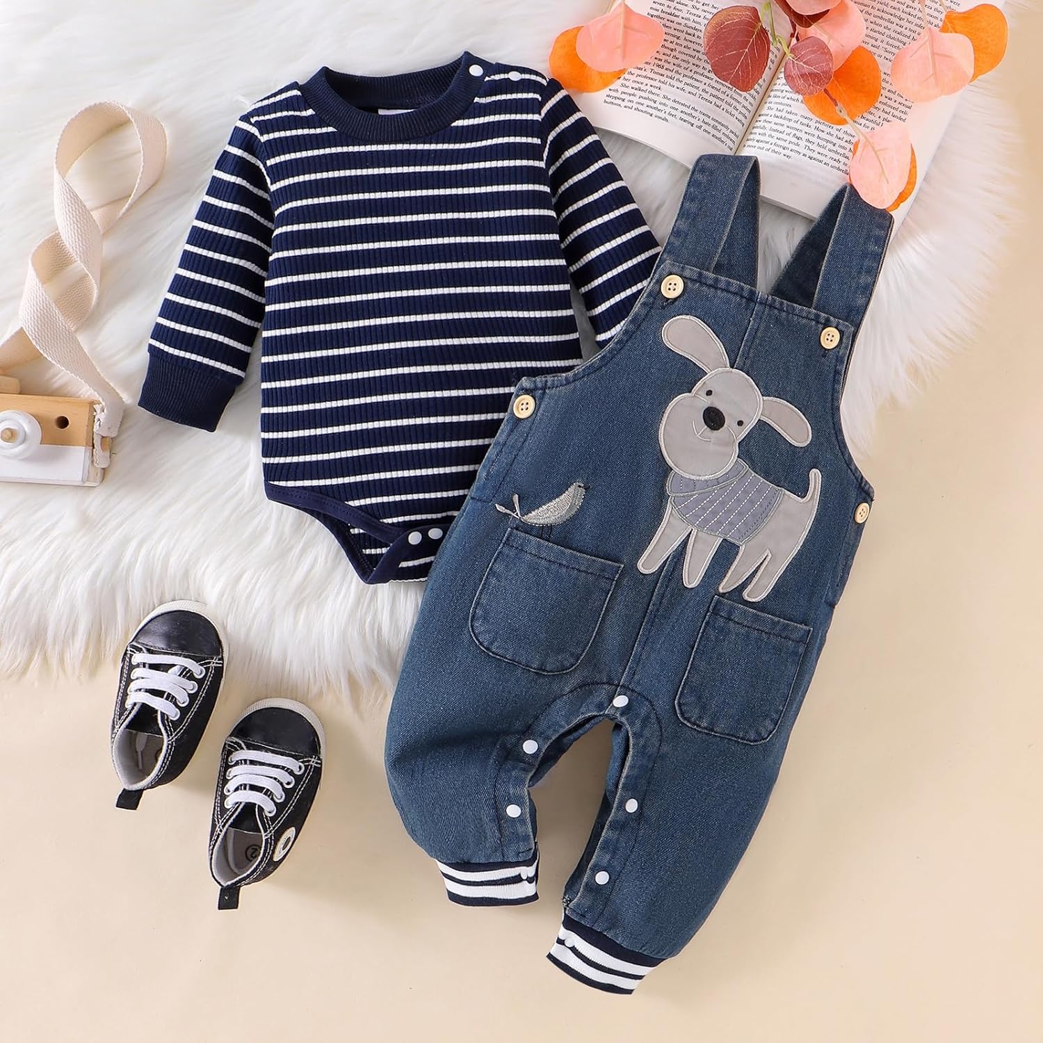 Baby Boy Clothes Fall Winter Outfits Long Sleeve Striped Romper Cute Cartoon Jeans Overalls Pants Set 0-18 Months - Image 2