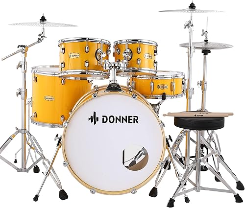 Donner DDS-520 Kit de batería acústica para adultos principiantes, con almohadilla de práctica silenciosa, 5 piezas, 22pulgadas, tamaño completo,