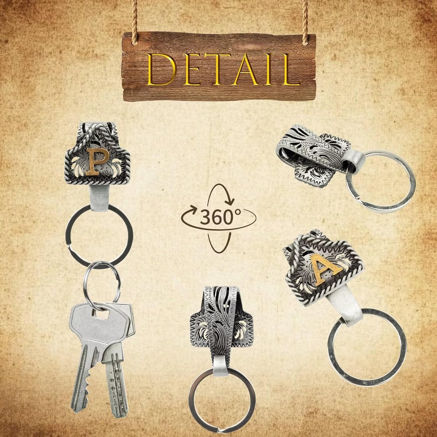 XZYLY Vintage Western Cowboy Letter Keychain,Handmade Metal A-Z Initial Key Chain Clip,Personality key holder for Pocket&Bag image 5