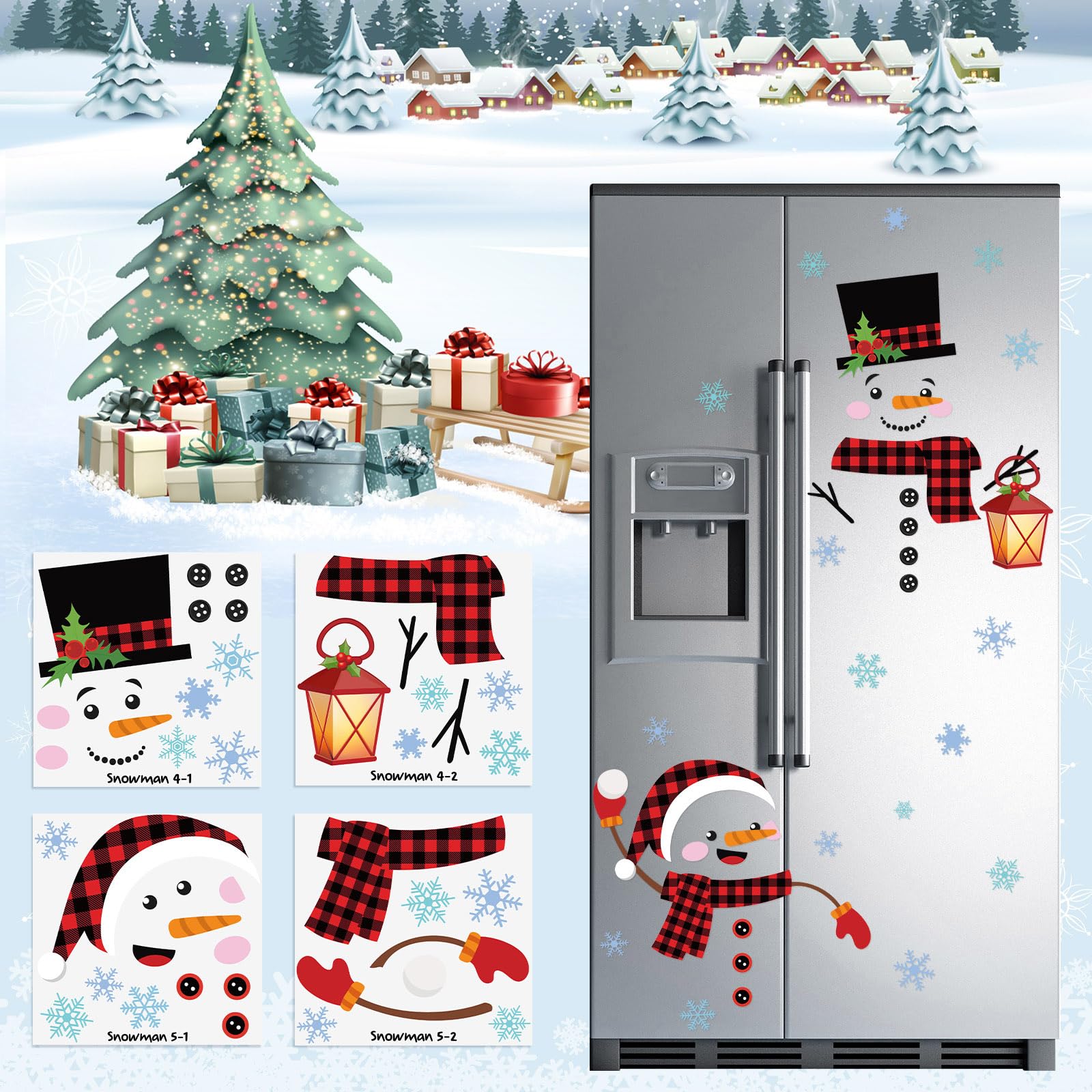 2 Blatt Weihnachten Tür Dekorationen Weihnachten Tür Aufkleber Große Schneemann Hirsch Aufkleber Weihnachtssticker für Kühlschrank Fenster Metall Tür Weihnachtsdeko (Karo im Rot Schwarz)