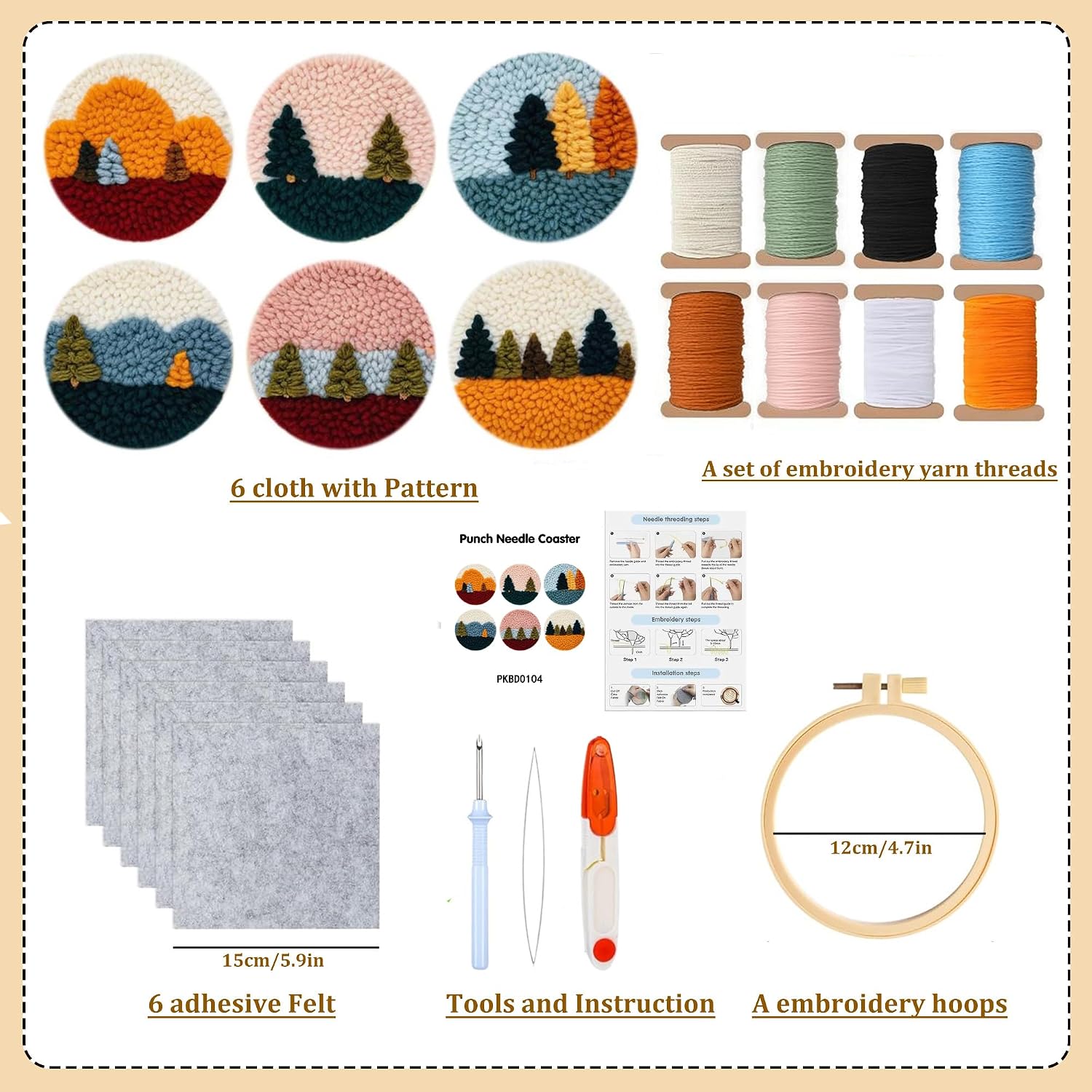 Starter Needle Coasters Kit, Punch Needle Embroidery DIY Set for Beginners Adults, Easy Coasters Kit with Adhesive Felt, Yarns, Embroidery Hoop (Multi landscape2)