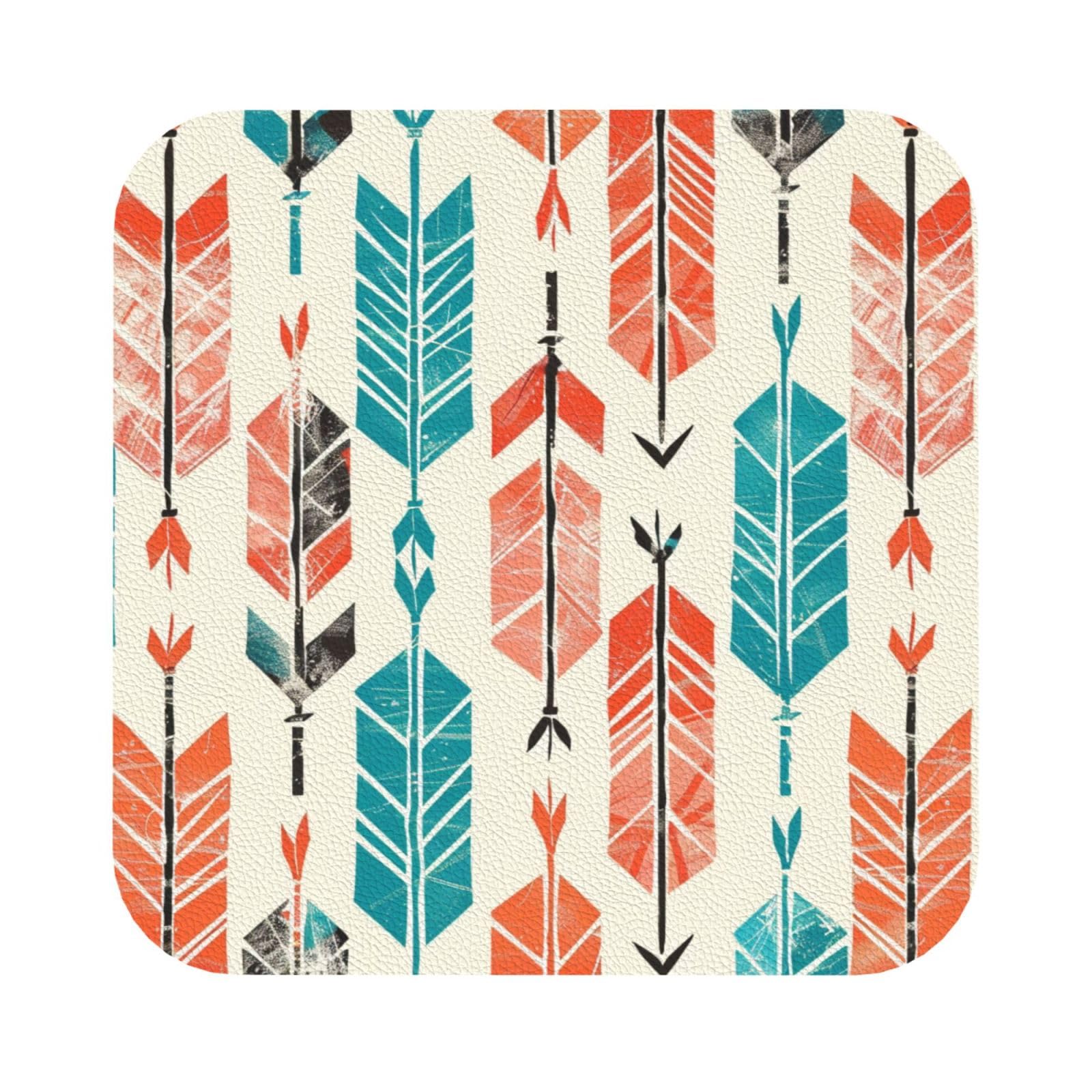 Coral and Teal Arrows Print Leather Coaster Set of 6, Square Coasters Table Decorative Coffee Cup Beverage Coasters Wine Beer Bar Coasters for Hot Drinks Table Protection