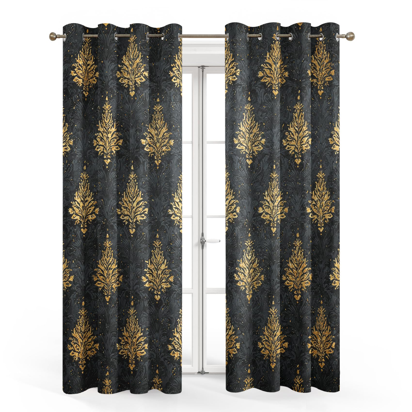 Generisch Blickdichte Vorhänge Schwarzes Damastmuster Muster, H 260 x B 140 2er Set - Viktorianischer Golden Blumen Fenster Gardinen mit Ösen, 260 cm Lang Curtains Wohnzimmer Schlafzimmer Deko S&V-27