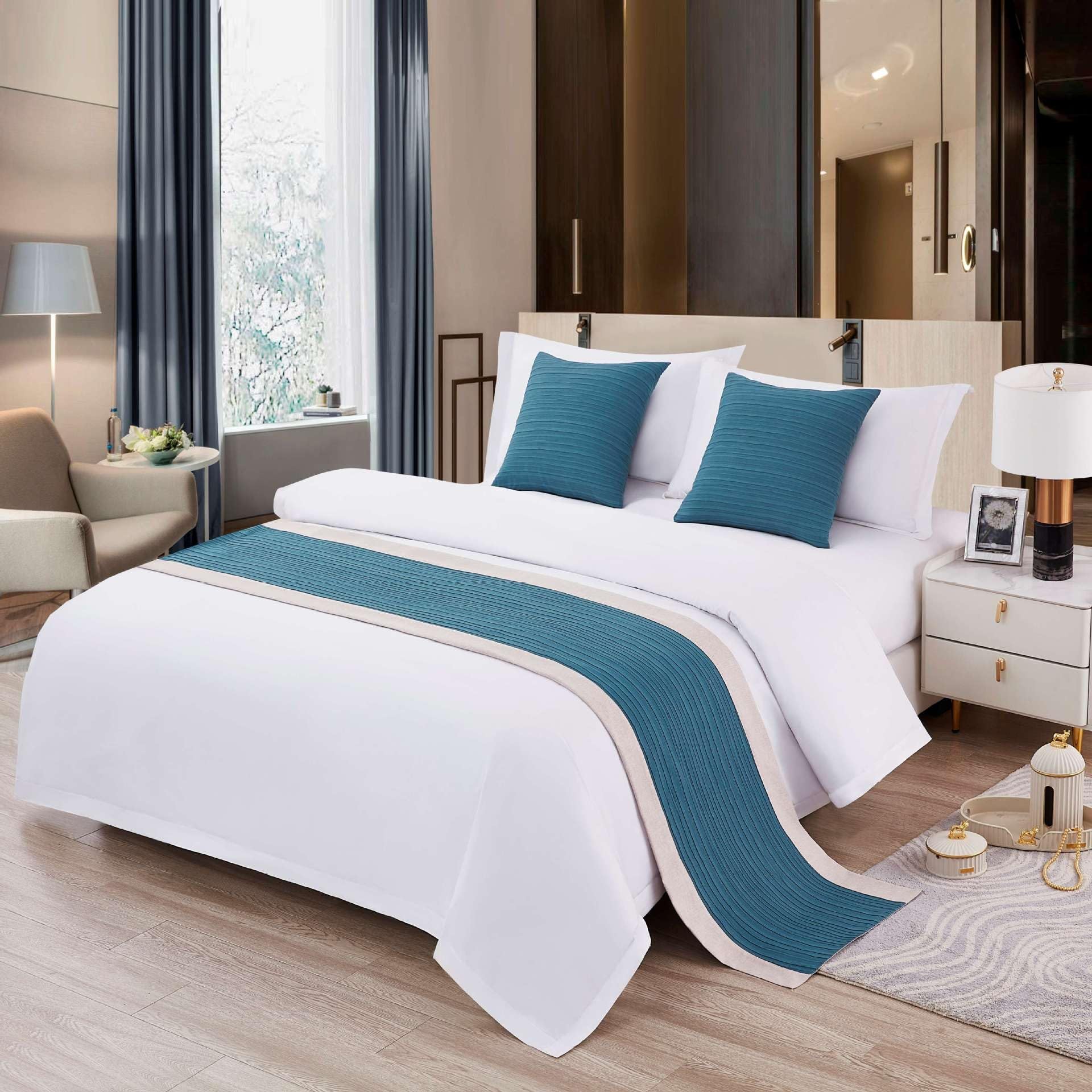 VNVFJKLO bed runner, Bed Scarf Runners Solid Scarves Cotton Linen Splicing Bedspread Bedding Towl Decor Protection For Hotel Guesthouse Resorts Bedroom(Blue,50 * 260cm for 200cm Bed)
