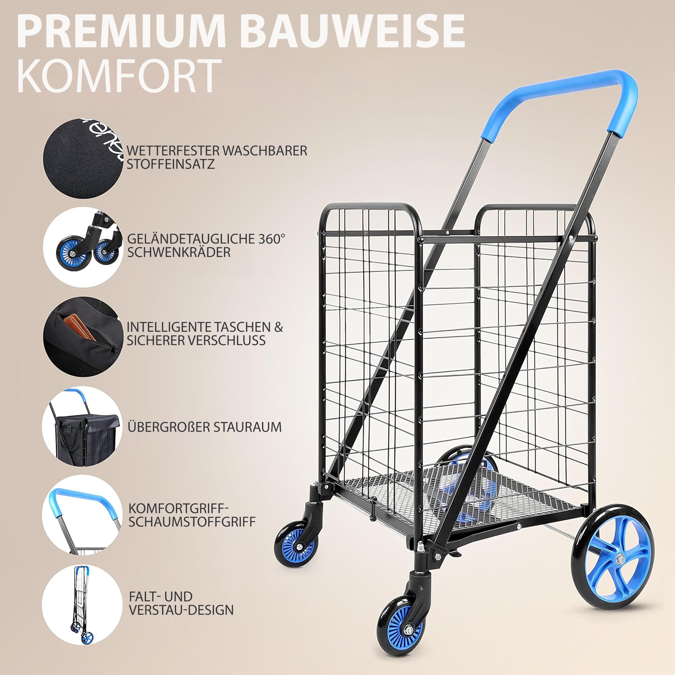SereneLife Einkaufstrolley Klappbar & Treppensteiger, Einkaufswagen- aus Metall, Shopping Trolley- 50Kg mit Schwenkbare Räder, Hackenporsche, Robuste Sackkarre, Shopping Cart- mit Abnehmbarem Liner