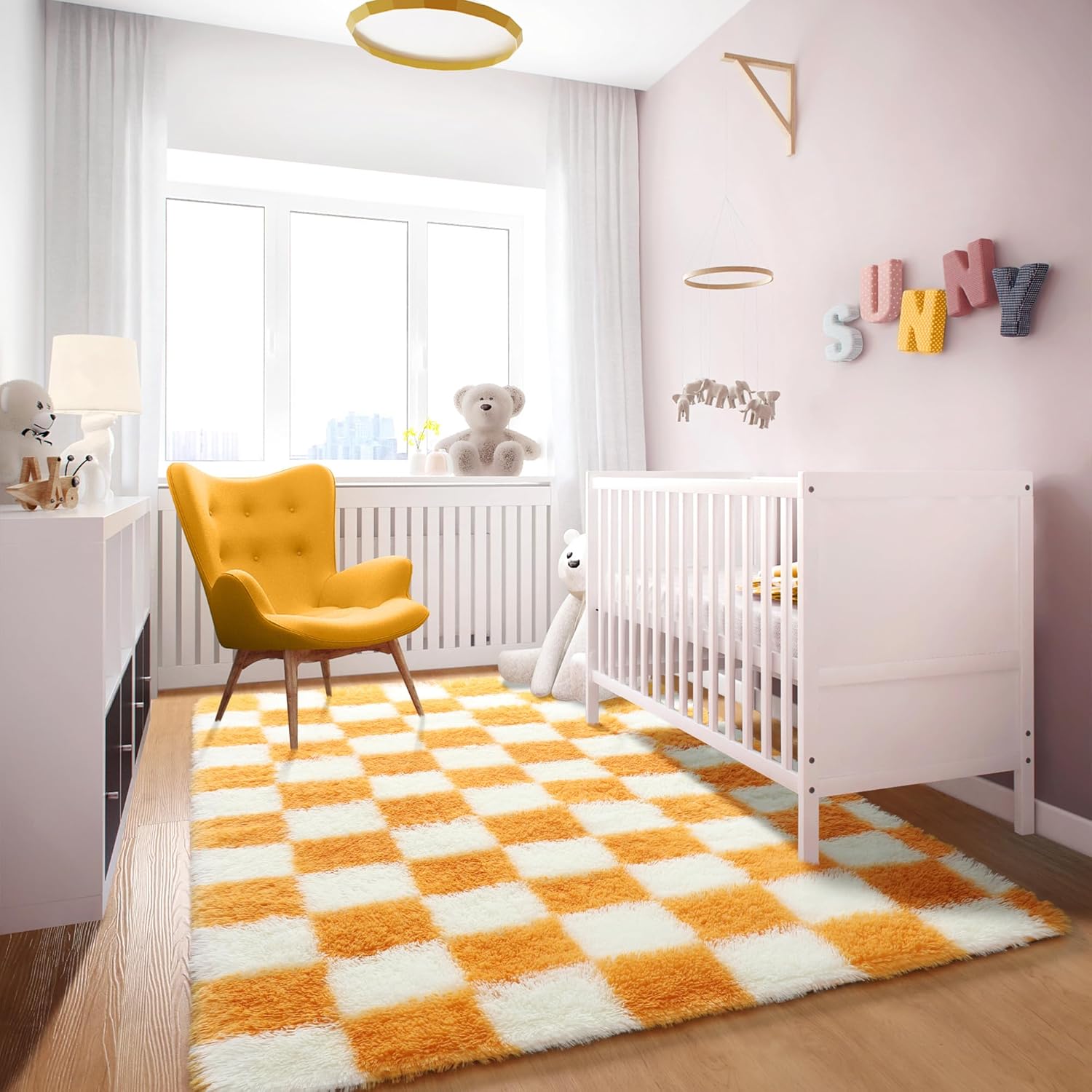 KICMOR 4x6 Rugs for Bedroom Living Room, Orange and Cream White Fluffy Fuzzy Checkered Shag Area Rug Shaggy Bedside Carpet, Furry Plush Soft Rug for Kids Boys Girls Room Nursery Playroom Home Decor
