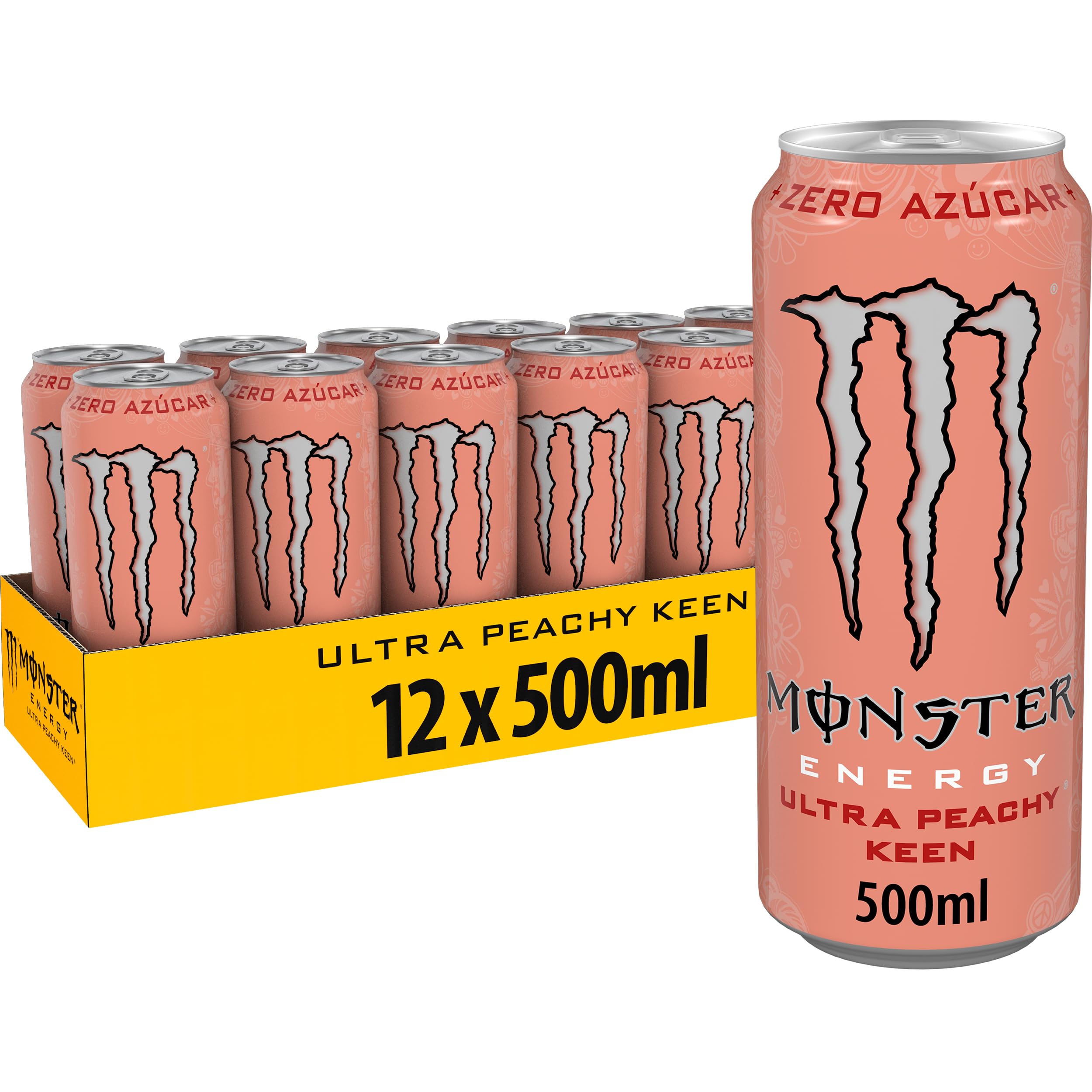 Monster Energy Ultra Peachy Keen, Bebida Energética Sin Azúcar- Pack de 12 Latas de 500ml