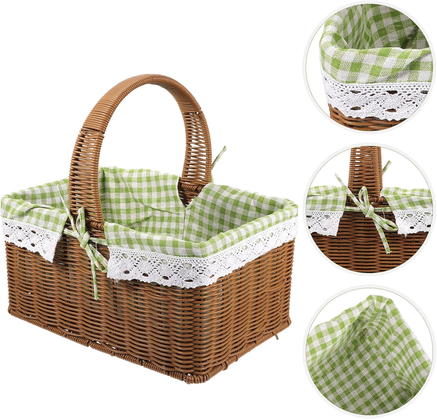 Mikikit Woven Picnic Basket with Handle Small Checkered Handmade Storage Basket for Outdoor Picnic and Fruit Vegetable Holder