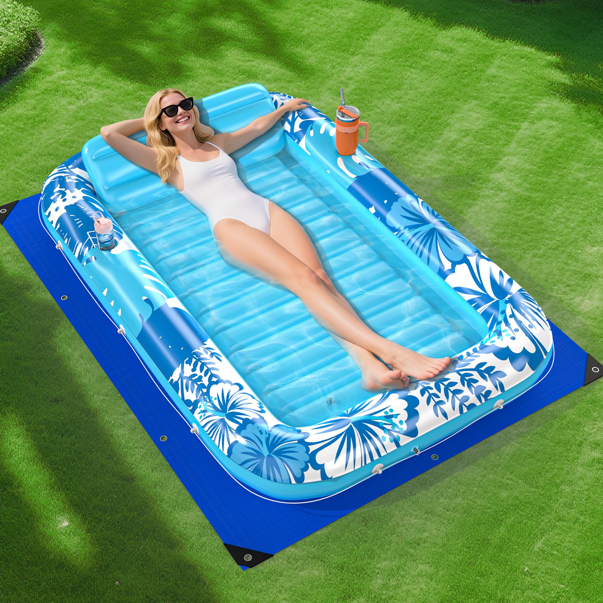 Inflatable Tanning Pool Lounger Float with Protection Tarp, 70" x 46" Pool Floats Adult with Pillow, 6 in 1 Suntan Tub Raft Floatie, Sunbathing Water Bed Lounge Blow Up Kids Ball Pit Party Gifts-Blue