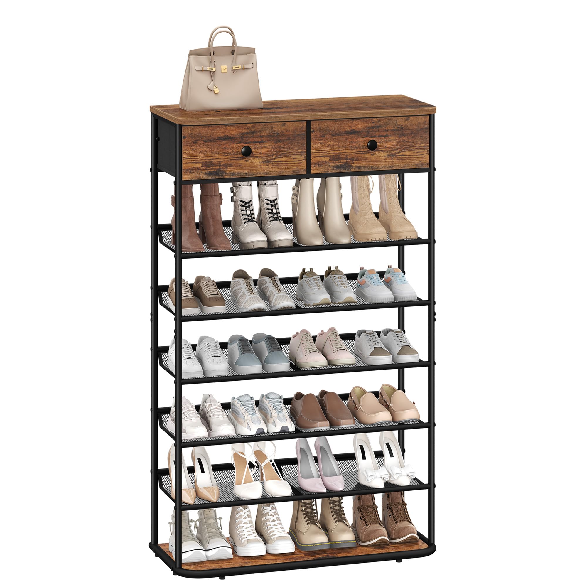 Hzuaneri Schuhregal, 7 Ebenen, 2 Stoffschubladen, 5 Gittern, Verstellbaren | Schuhständer für Eingang, Flur, Verstellbaren Gitterablagen, 20-24 Paar, Vintagebraun-Schwarz, SR27701B