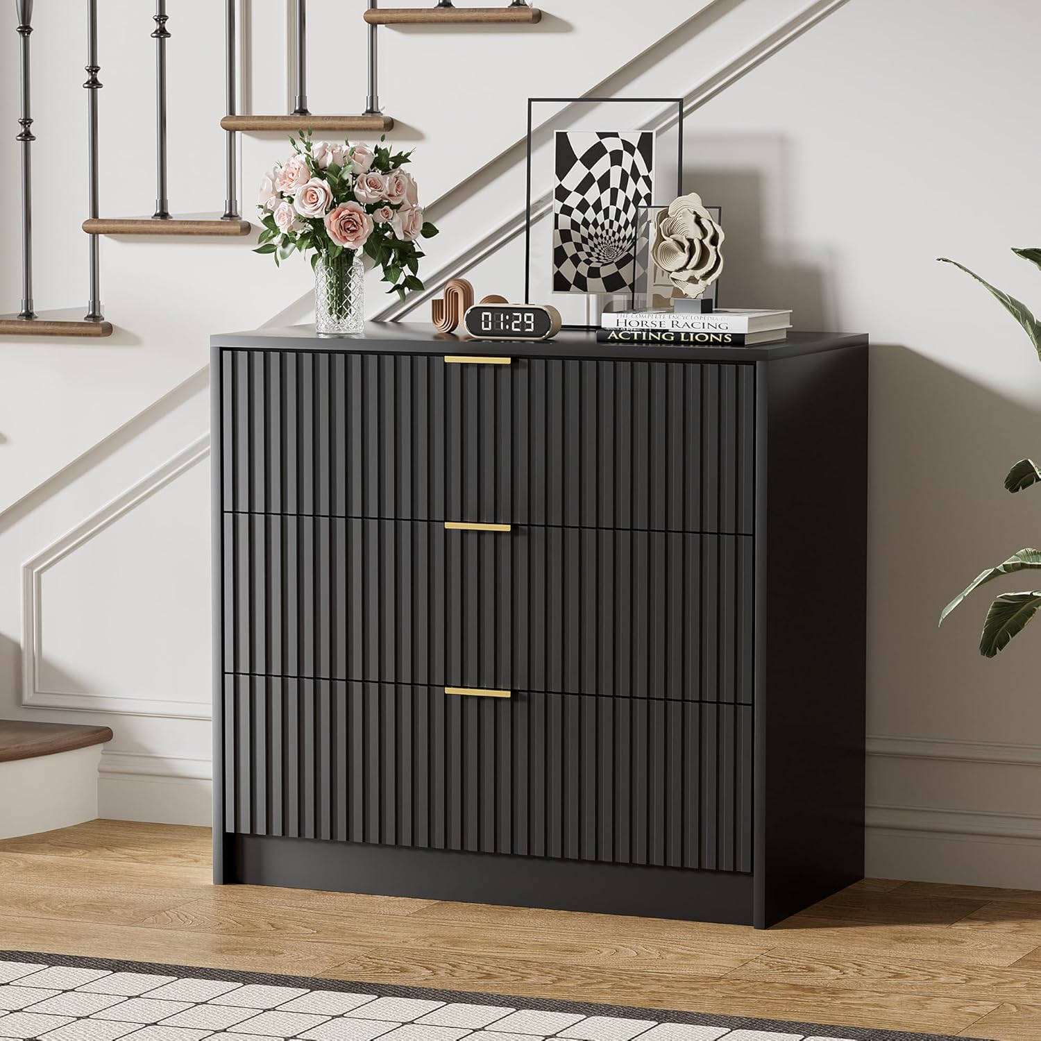Black Dresser for Bedroom, Modern Dresser with 3 Drawers and Smooth Slides, Wide Chest of Drawers with Golden Handles for Bedroom, Living Room, Closet, 15.7" D x 31.5" W x 29.6" H Black 3 Drawers