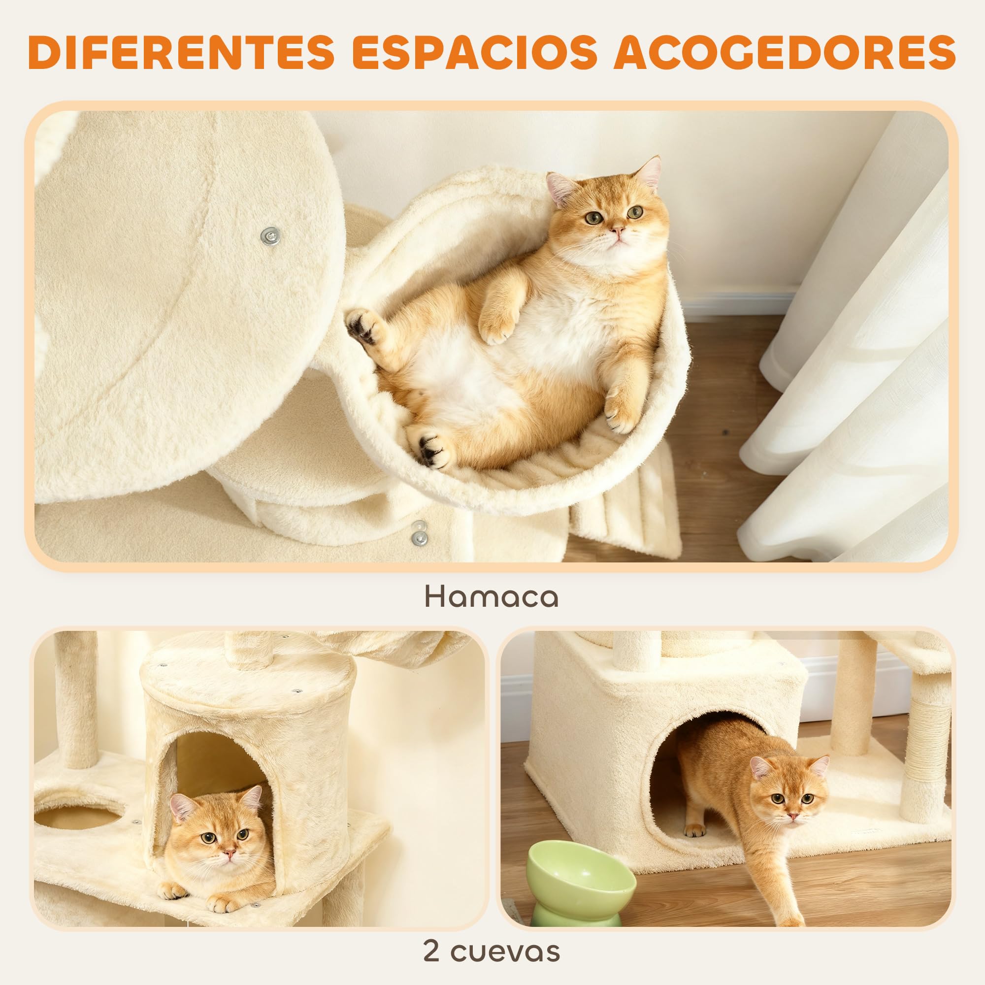 PawHut Árbol Rascador para Gatos Grande Torre de Escalada 170 cm Beige | Árbol para Gatos, 7 Postes, 1 Túnel, 3 Plataformas, 2 Cuevas, 1 Hamaca, 1 Percha, 1 Rampa, Pompones