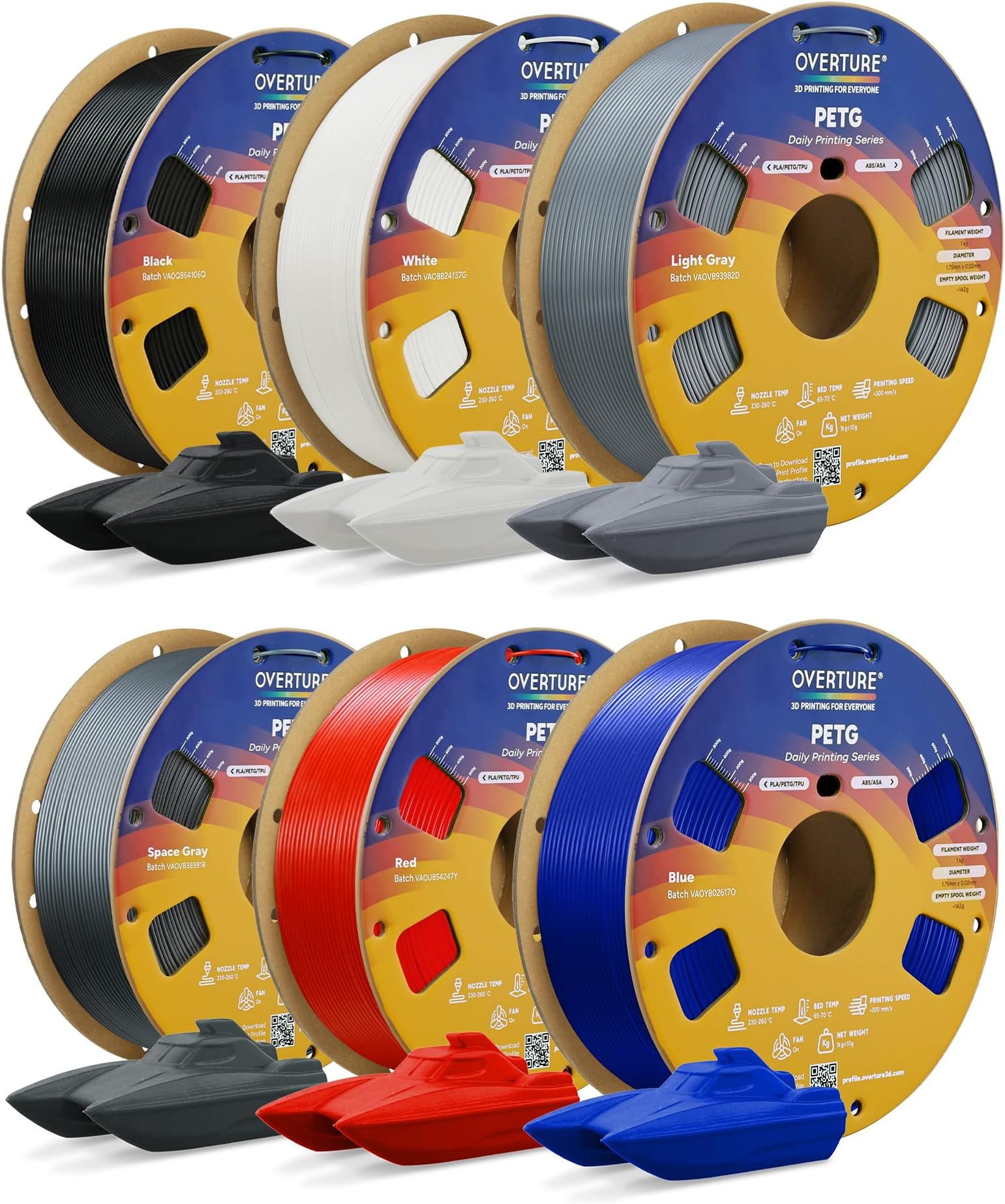 OVERTURE 6KG Bundle PETG 3D Printer Filament 1.75mm, Neatly Wound Durable PETG 6 Pack 1kg(2.2lbs), Strong Toughness Filament, Dimensional Accuracy +/- 0.02mm, Fit Most FDM Printers (6 Color (6-Pack))