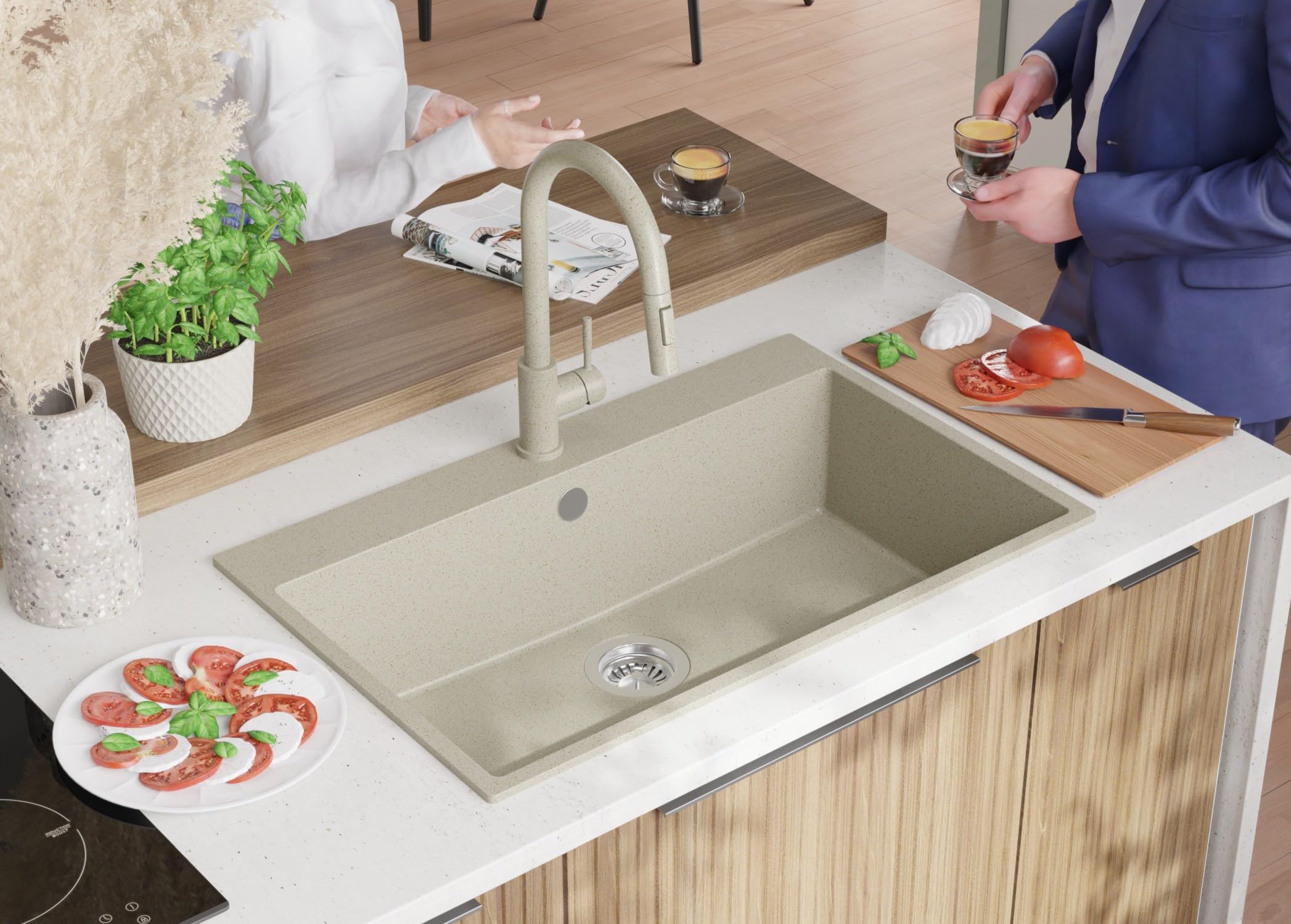 Lavello da Cucina Beige 78x50cm, Lavandino da Cucina a 1 vasca + Sifone Classico, Lavabo da Cucina Incasso al mobile 80cm - Riga di Primagran