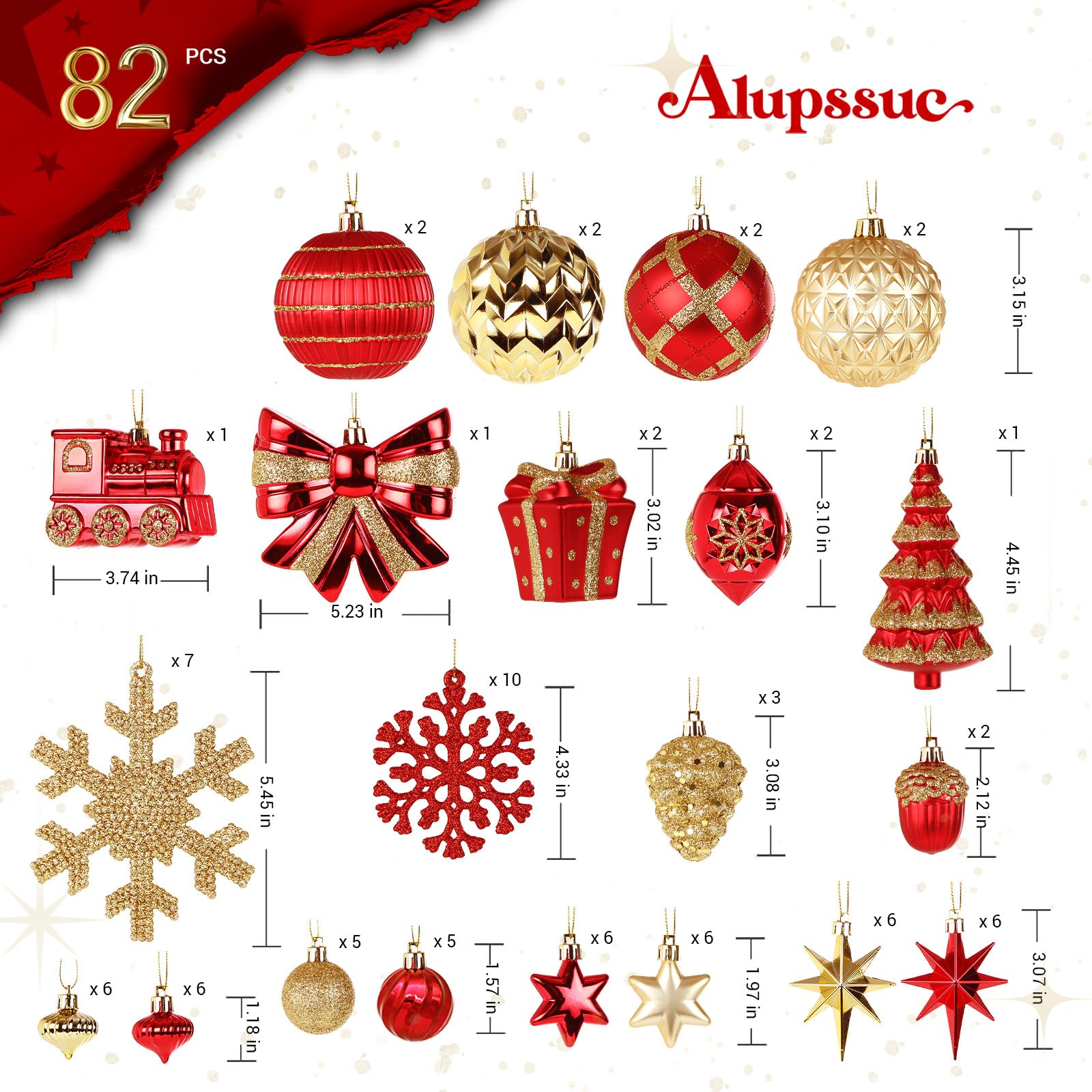 Alupssuc 82PCs Weihnachtskugeln, Bruchsicher Rot Gold Christbaumkugeln