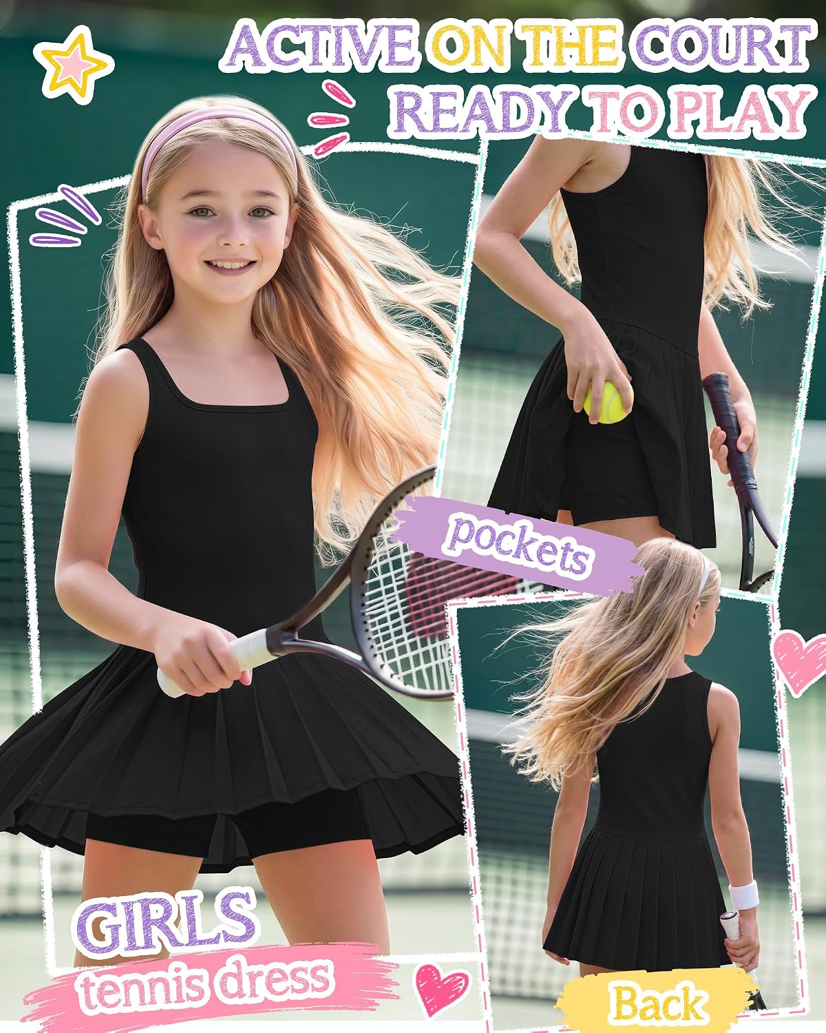 Halfchet Girls Athletic Dress Built in Bra & Shorts Tennis Dress Pleated with Pockets Sleeveless Golf Outfits 7-16 Years