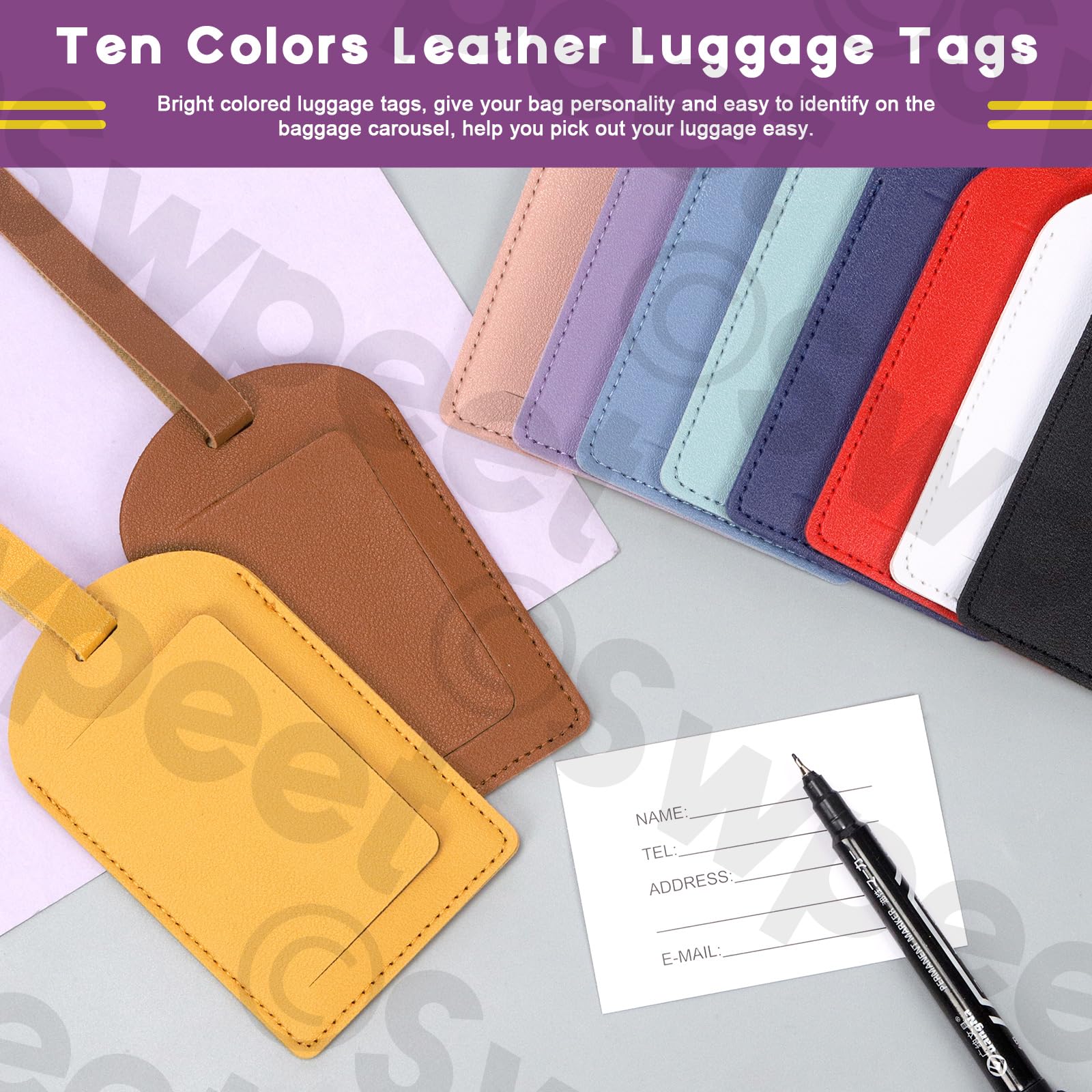 Lot de 8 étiquettes d'identification en cuir synthétique pour sac de voyage, valise (jaune, rose, bleu, marron, violet, rouge pastèque, orange, noir