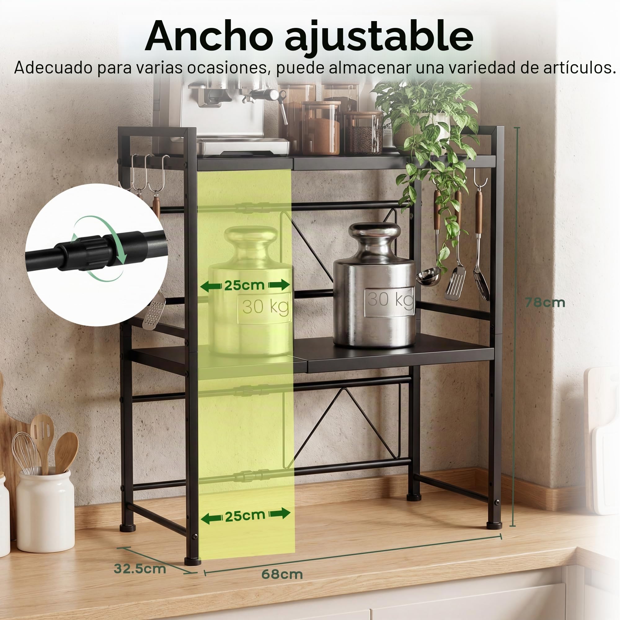 Estante soporte para microondas metálico extensible de 3 niveles | organizador de encimera de cocina con 3 ganchos colgantes, estante ajustable para almacenaje de utensilios de cocina