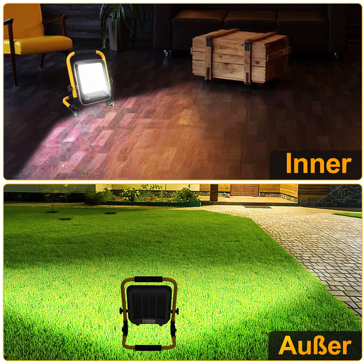 LED Baustrahler Arbeitsleuchte 200W, 4X Baustellen Strahler inkl. Faltbarer Standgestell, Baulampe 18000LM 6000K Kaltweiß IP66 Wasserdicht für Innen Außen (mit Stecker und 3 meter Netzkabel)