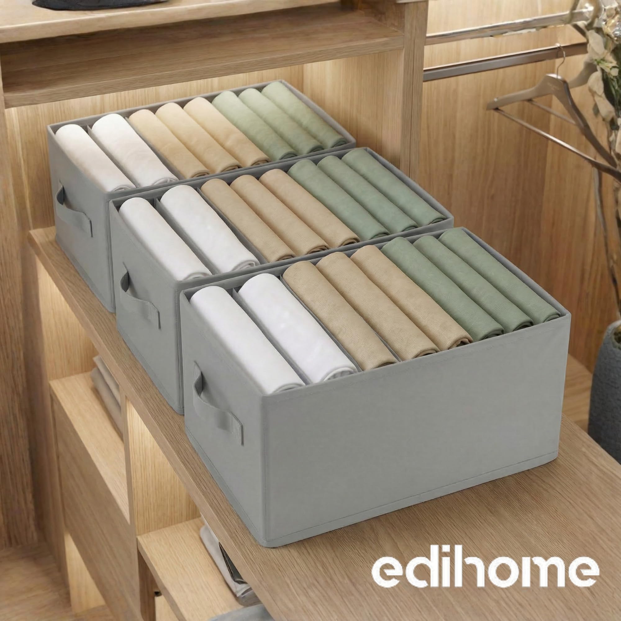 edihome, Organizador Armario, Separadores de Cajones para Camisetas y Ropa Interior, con Compartimentos, Cajas Organizadoras Armarios (Gris Claro, Pack 3-8 Compartimentos)