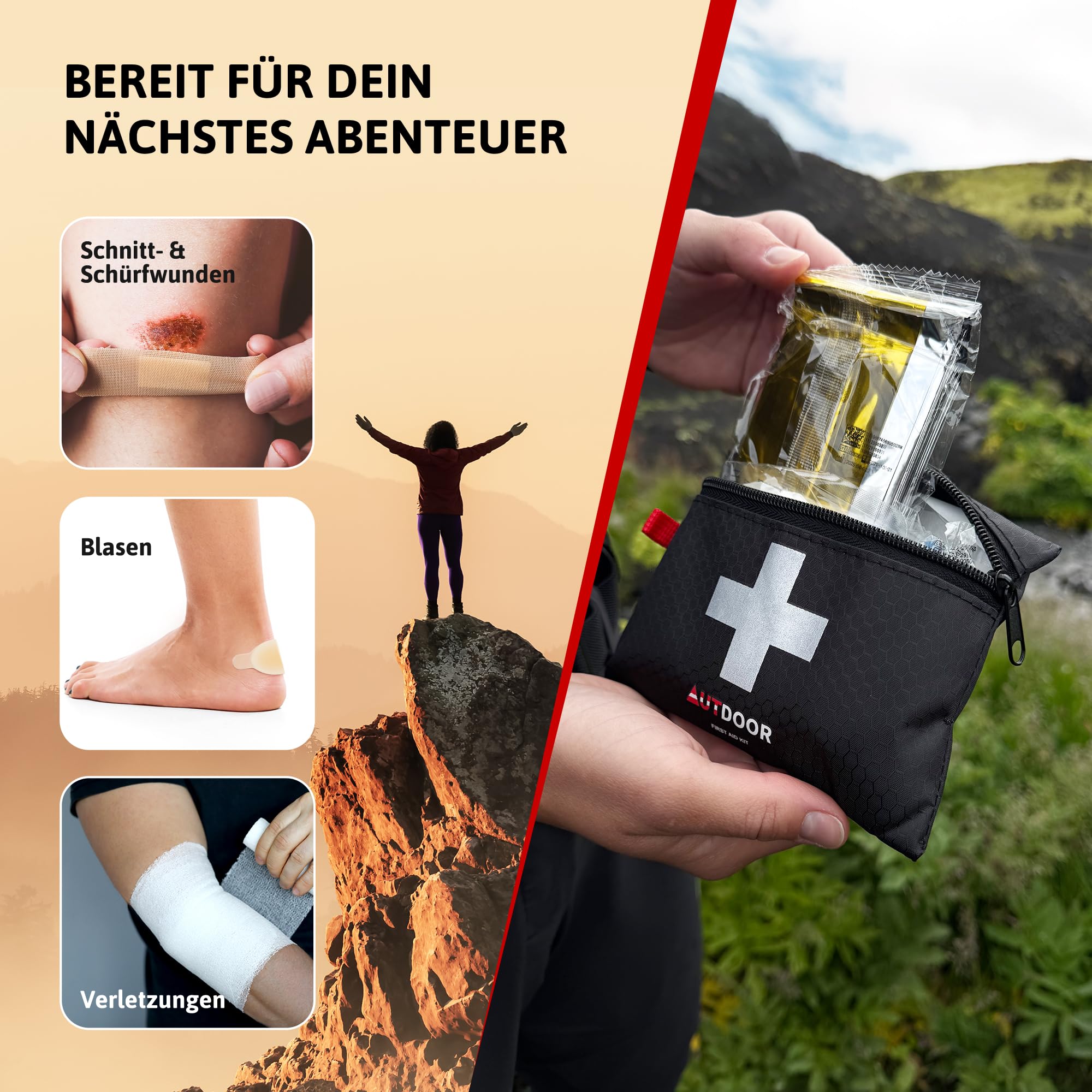 AUTDOOR® Erste Hilfe Set Lite – ultraleicht & kompakt – entwickelt von Ärzten – Robuste Reiseapotheke für Wandern, Klettern & Wassersport – Notfalltasche mit Essentials