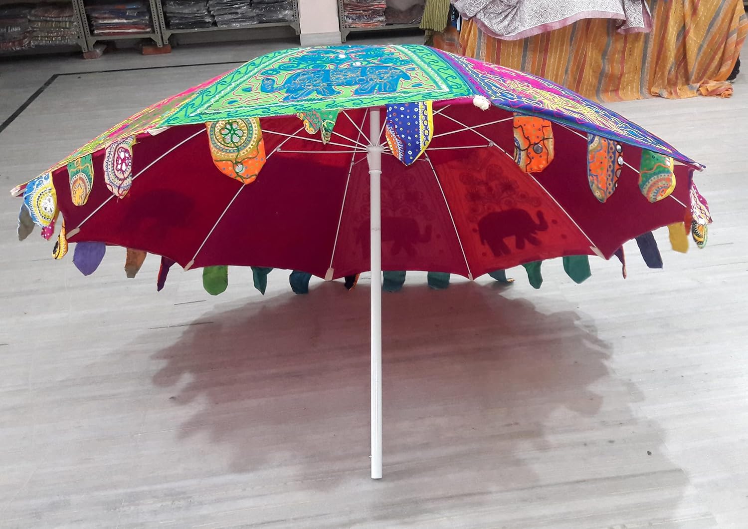 Atrecative Indian Hippie Multi Colored Beach Umbrella Wedding Umbrellas Sun Umbrella Embroidery Outdoor Patio Boho Parasol (Multi color Elephant)