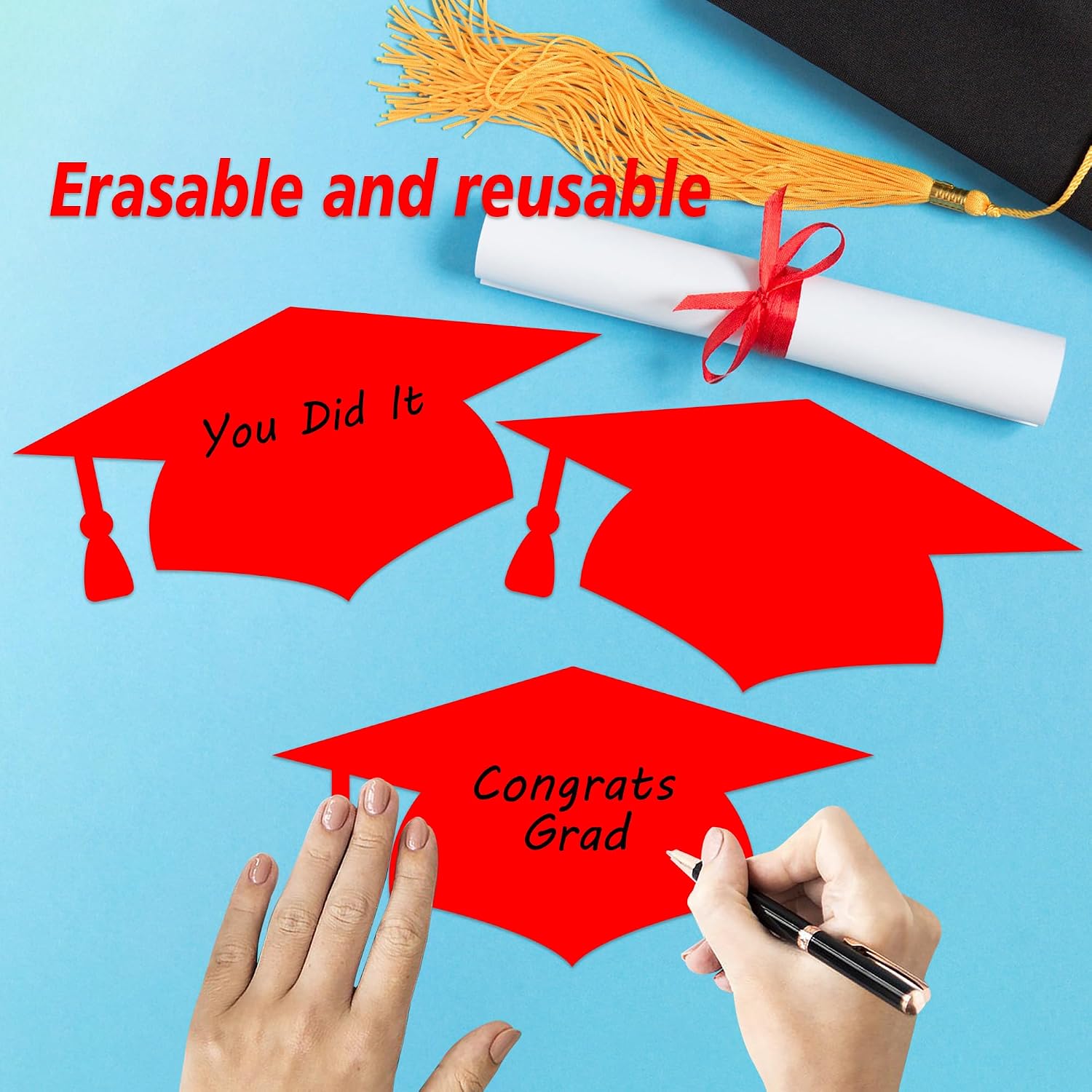 60 PCS Graduation Hat Cutouts for Bulletin Board Decoration, Red Graduation Caps Paper Cut-Outs with Glue Points for Class of 2026 Grad High School College Graduation Party Decor image 3