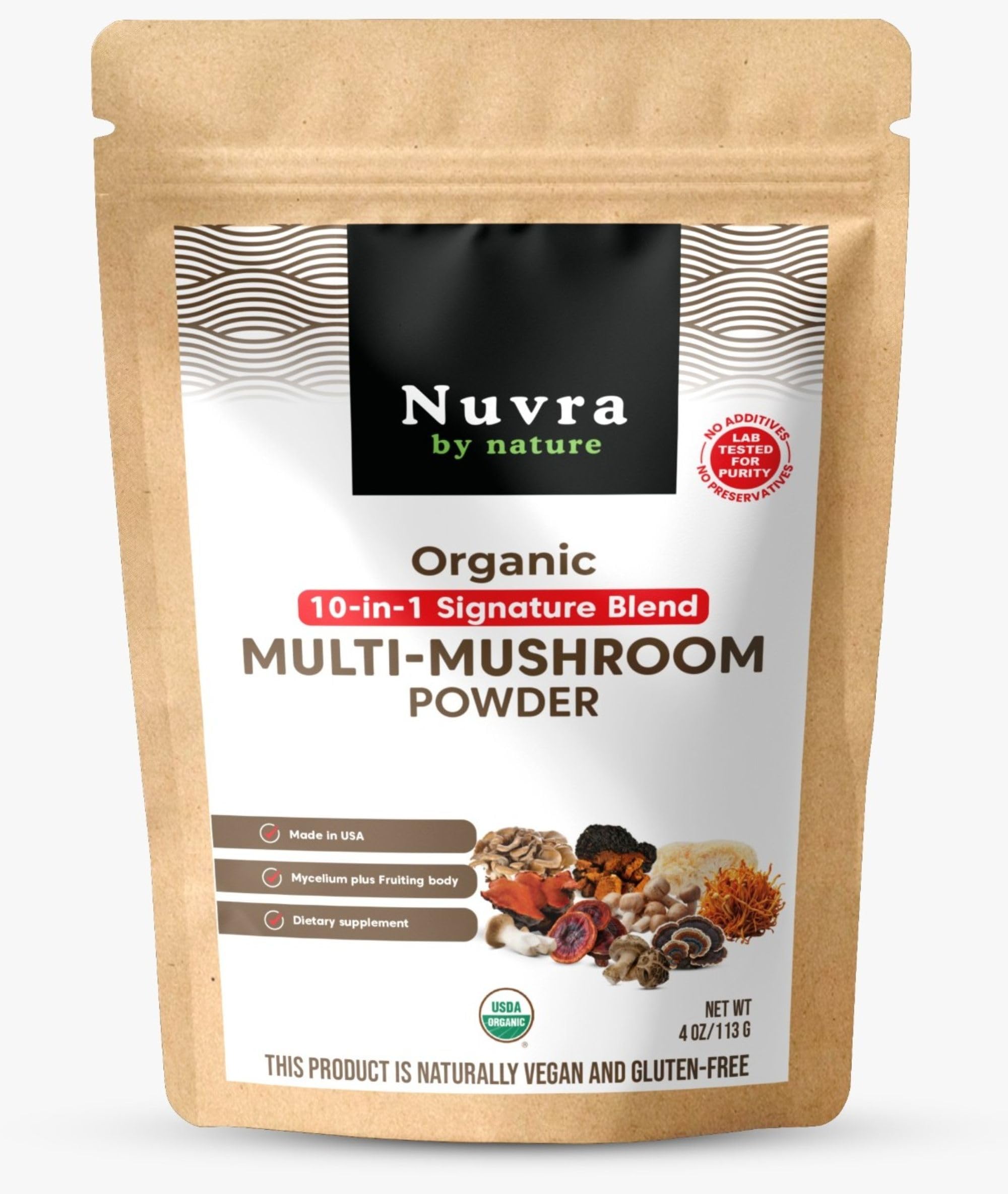 Nuvra by Nature Suplemento de Cogumelos Orgânicos em Pó com 10 Cogumelos, 2.000 mg por porção, 112 g