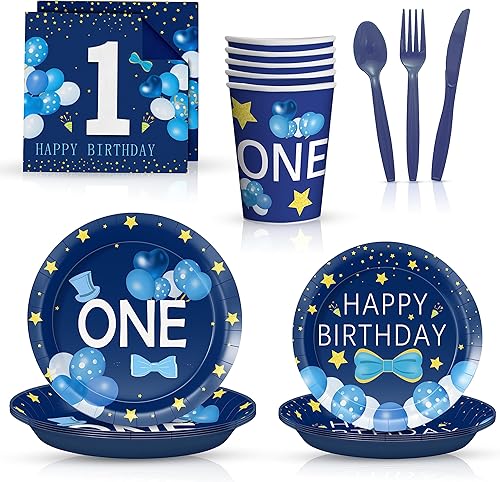 Juego de vajilla de 168 piezas para baby shower de primer cumpleaños, un juego azul para 24 invitados, juego completo de platos y cubiertos, papel
