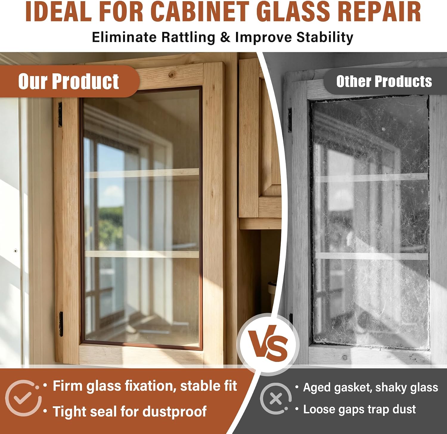 Glass Retainer Strip, 6M (19.7FT) Flexible Glazing Strip Replacement for Cabinet Glass Repair, Wood & China Cabinet Glass Panels, Easy Install Rubber Seal for Glass Door Inserts (Brown, 6m)