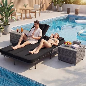 NICESOUL 3-Piece Double Chaise Lounge Set, 51.2" Wide 2-Person Daybed with 2 Wicker Side Tables, Independent Adjustable Backrests, 4" Thick Cushions, Heavy Duty Sunbed for Patio Pool Garden