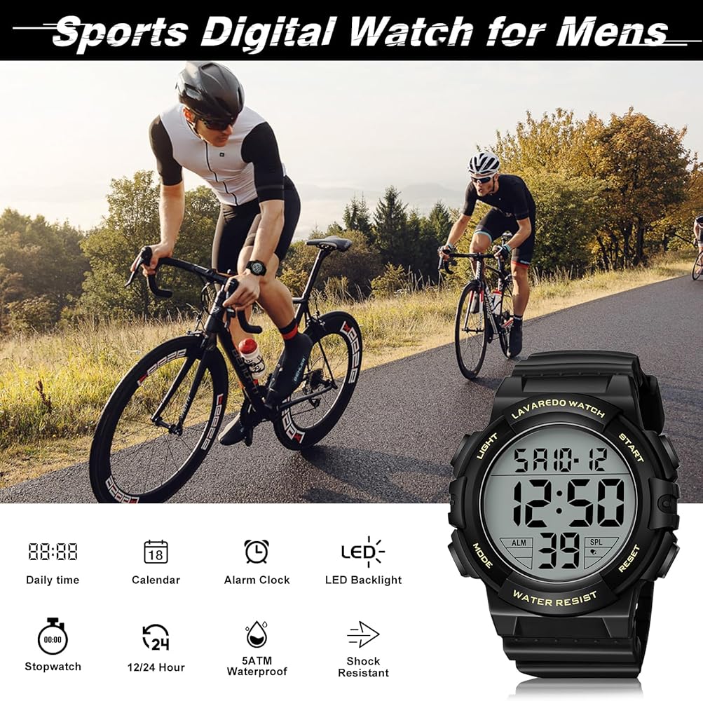 Men's Digital Sports Watch - Large Face Waterproof Military Style With LED Backlight