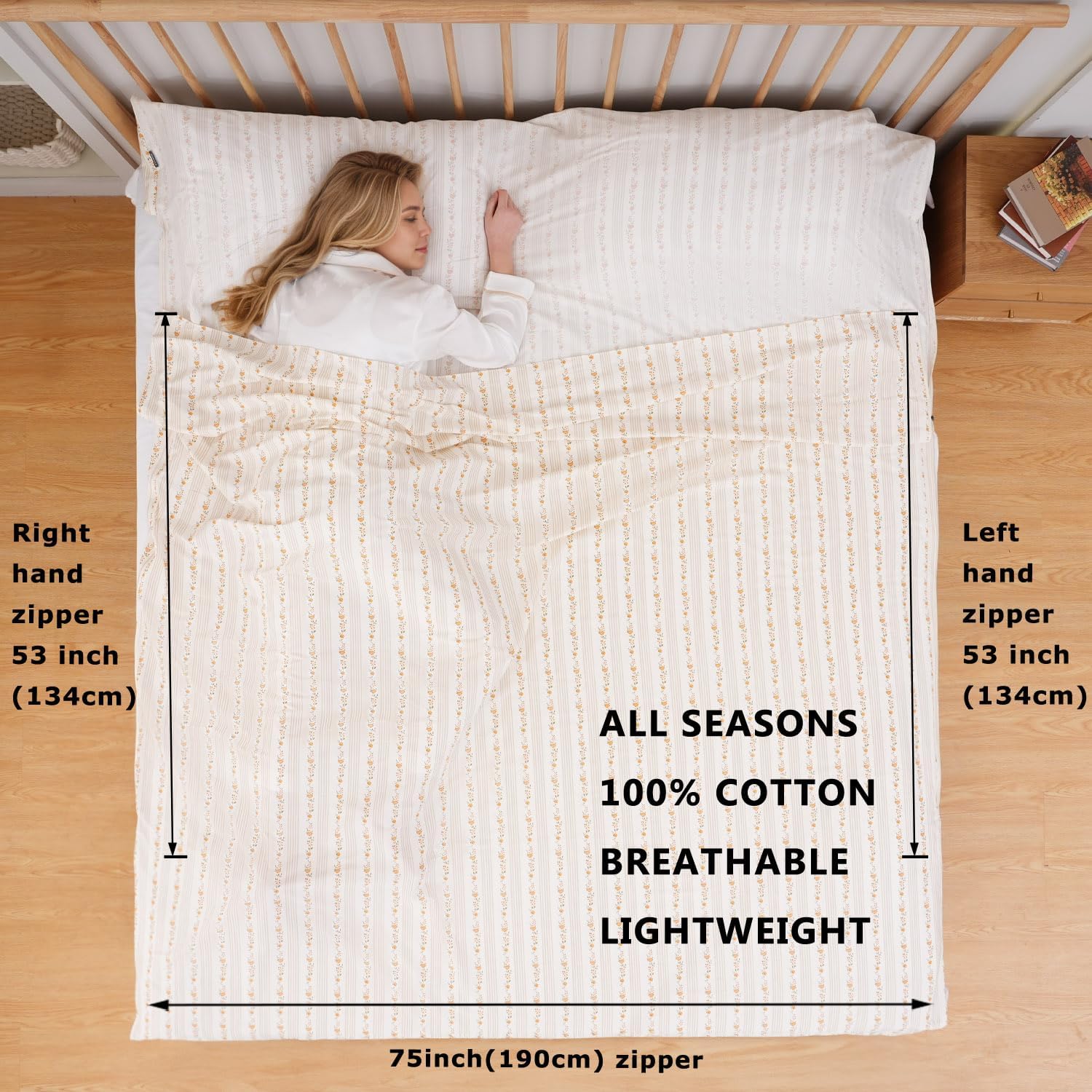 100% Cotton Sleeping Bag Liner with Full Length Zipper on 3 Sides; Single/Double Adult Sleep Sack for Travel & Camping, Multifunctional Travel Sheets (Unzipped 87”x87”) for Hotel, Lightweight