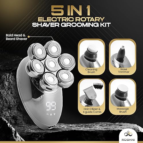 Miniatura 2 de ROSHNI Afeitadoras de cabeza para hombres calvos, afeitadora eléctrica 7D con cabezal magnético desmontable, IPX7, impermeable, húmedo y seco,