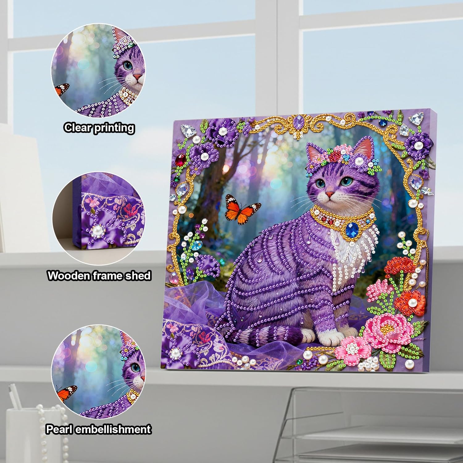 DIY Pearl Painting Kit with Wooden Frame, 3D Plastic Pearl Gemstone Ocean Art Craft for Adults Beginners, Diamond Dot Painting, Home Wall Decor Ready Gift for Women(Purple Cat)(25 * 25cm)